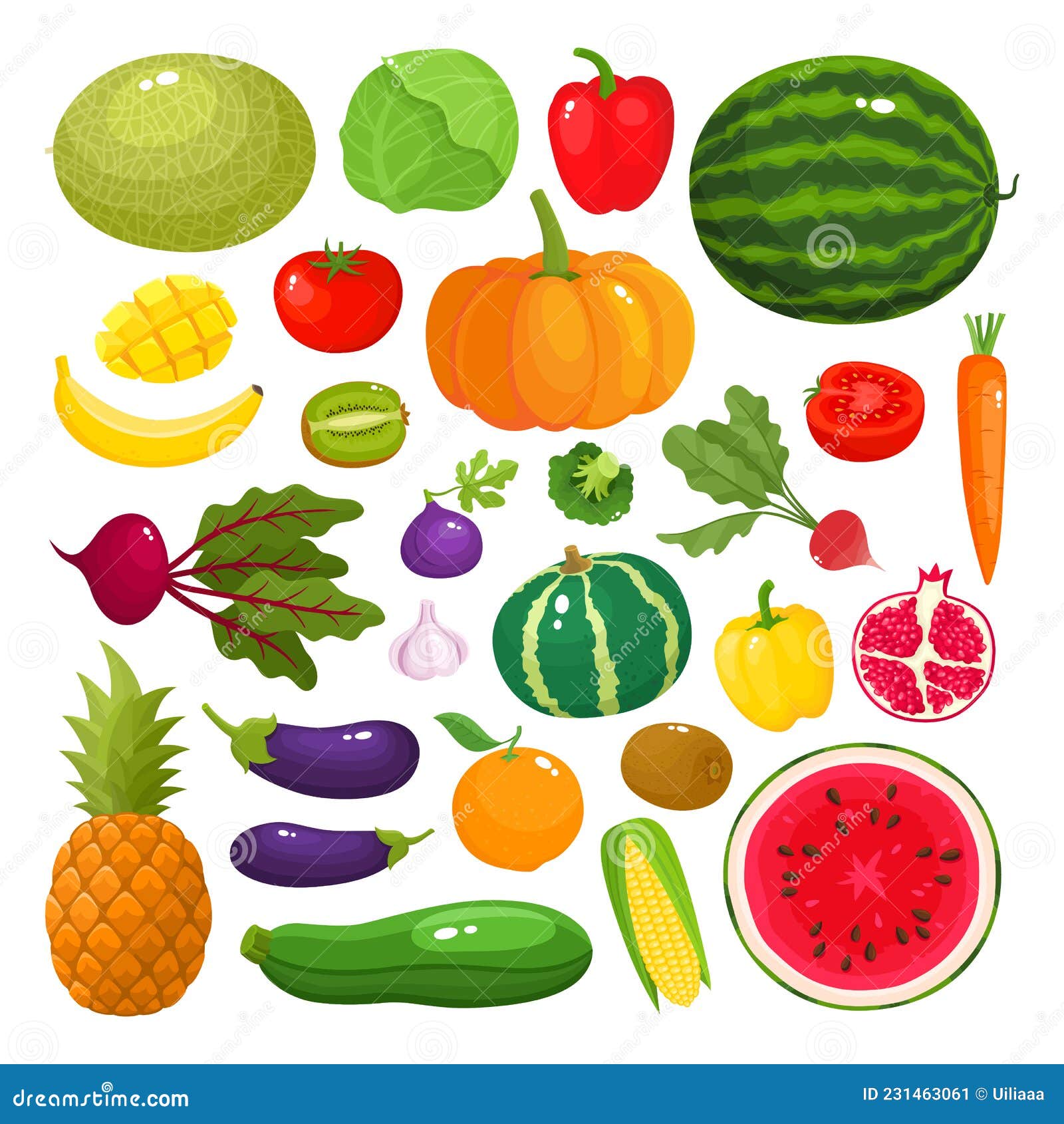 Dibujos Animados Coloridos Iconos De Frutas Y Verduras Aislados En Blanco  Ilustración del Vector - Ilustración de higo, sano: 231463061