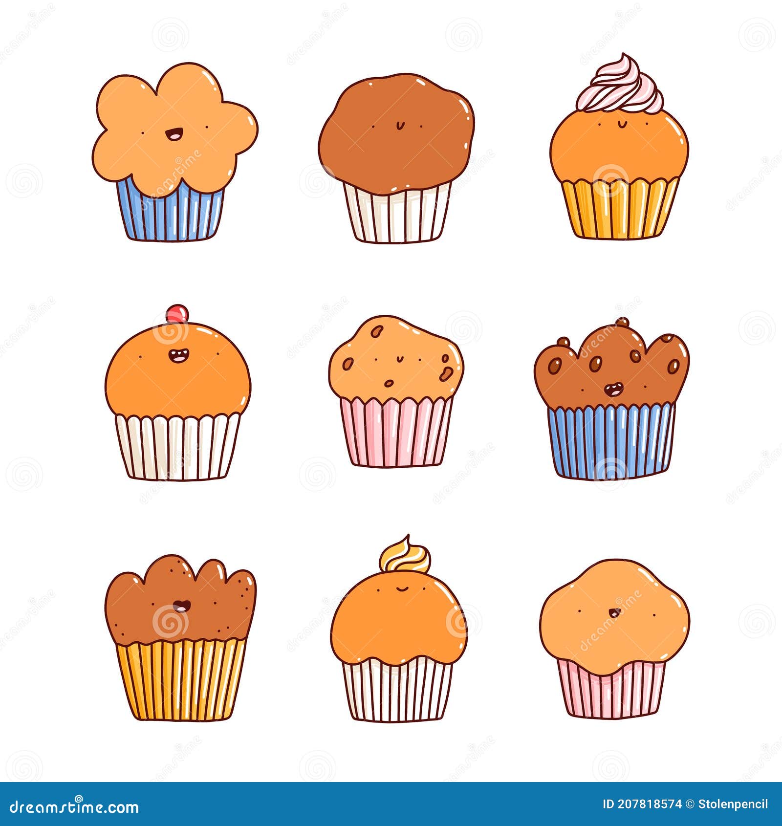 Dibujos Animados Cupcakes Y Muffins Personajes Conjunto De Vectores  Ilustración del Vector - Ilustración de feliz, postre: 207818574