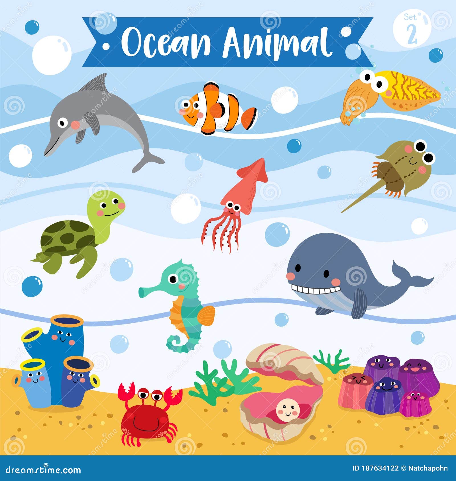 Dibujos Animados De Animales Del Océano. Ilustración Vectorial Ilustración  del Vector - Ilustración de ballena, burbuja: 187634122