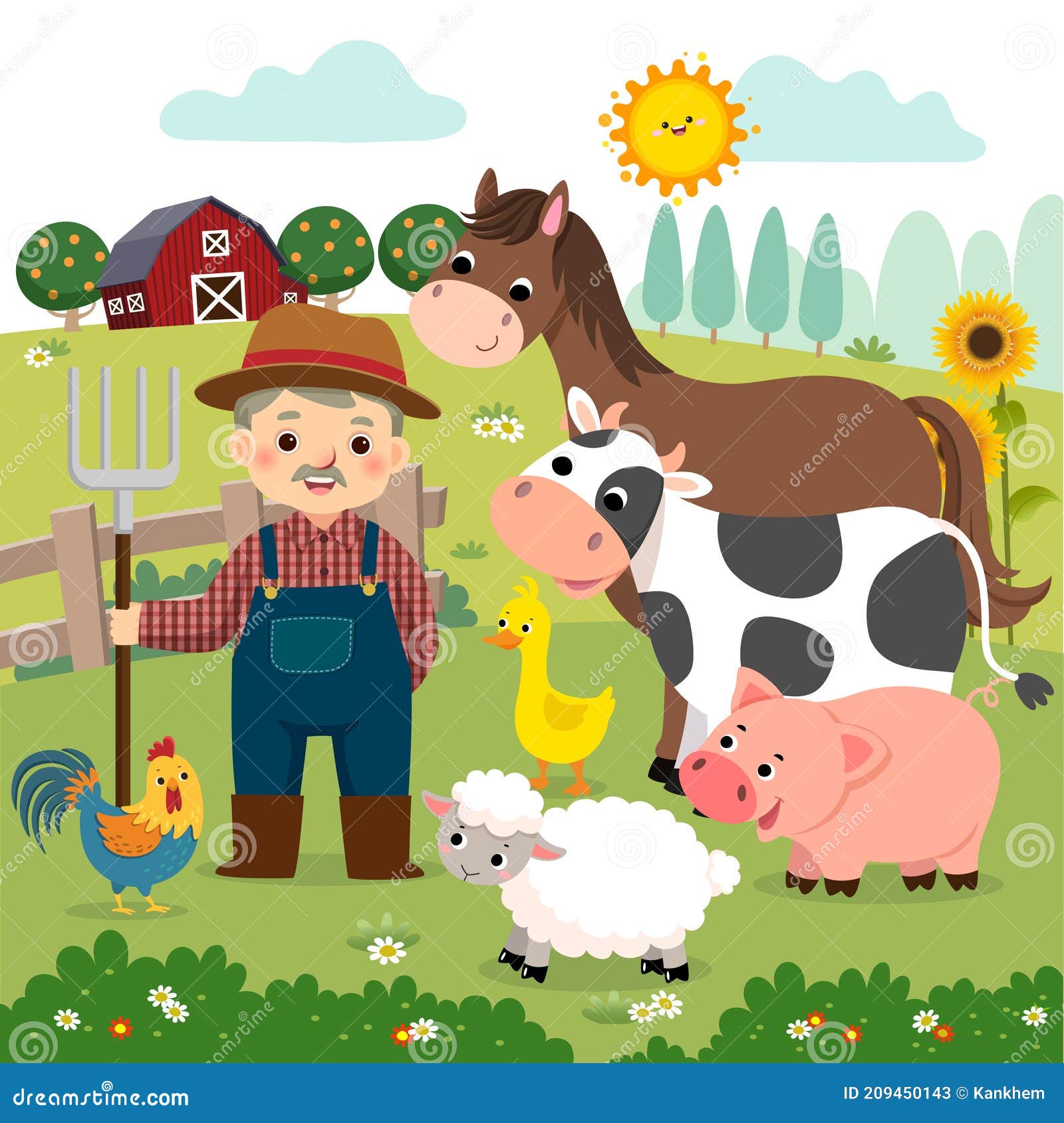 Dibujos Animados De Antiguos Agricultores Y Animales De Granja En La Granja  Ilustración del Vector - Ilustración de granja, ganados: 209450143