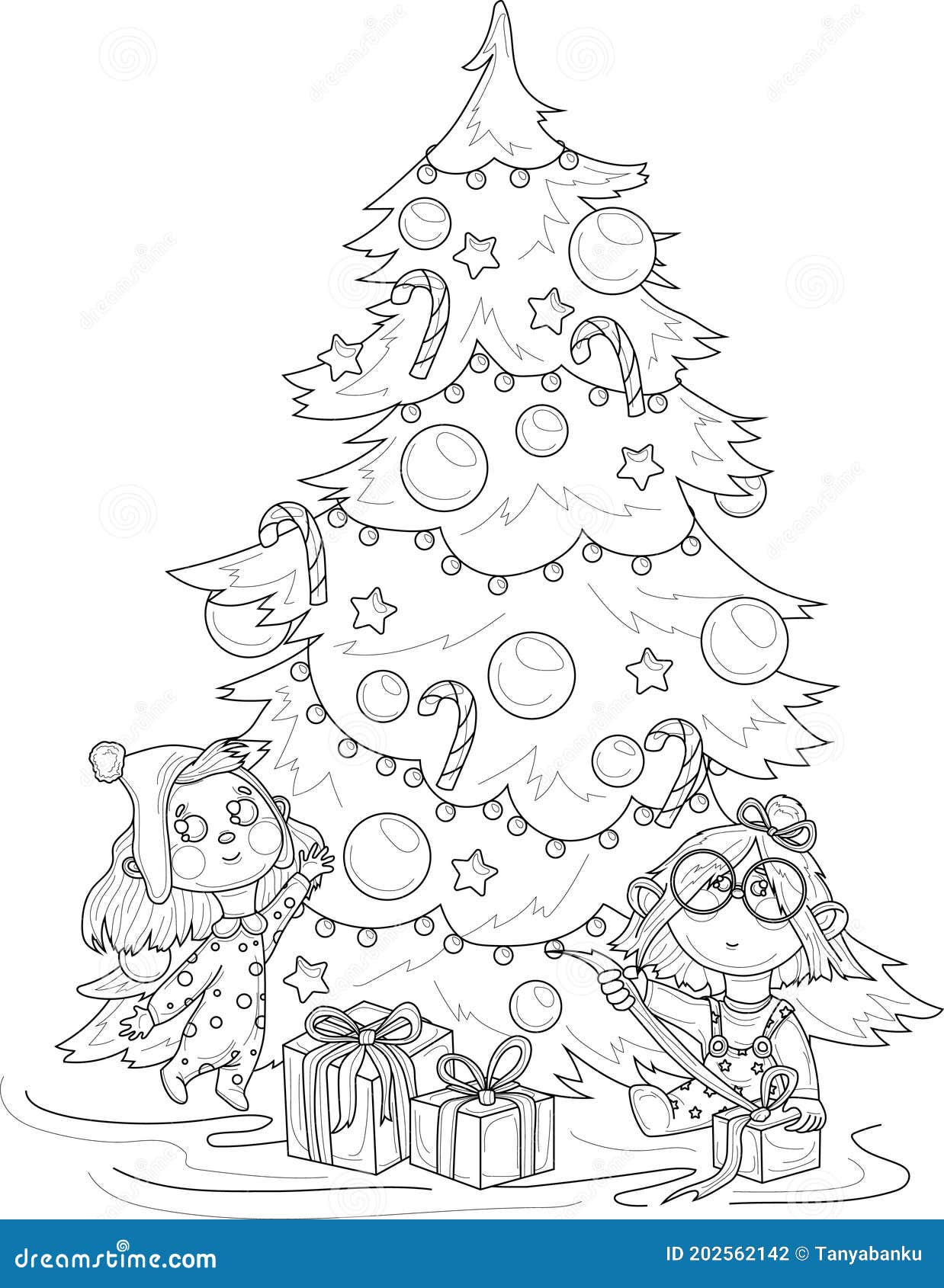 Dibujos Animados Chicas Pijamas Con árbol De Navidad Y Presenta Plantilla De Dibujo. Ilustración del Vector - Ilustración colorante: 202562142