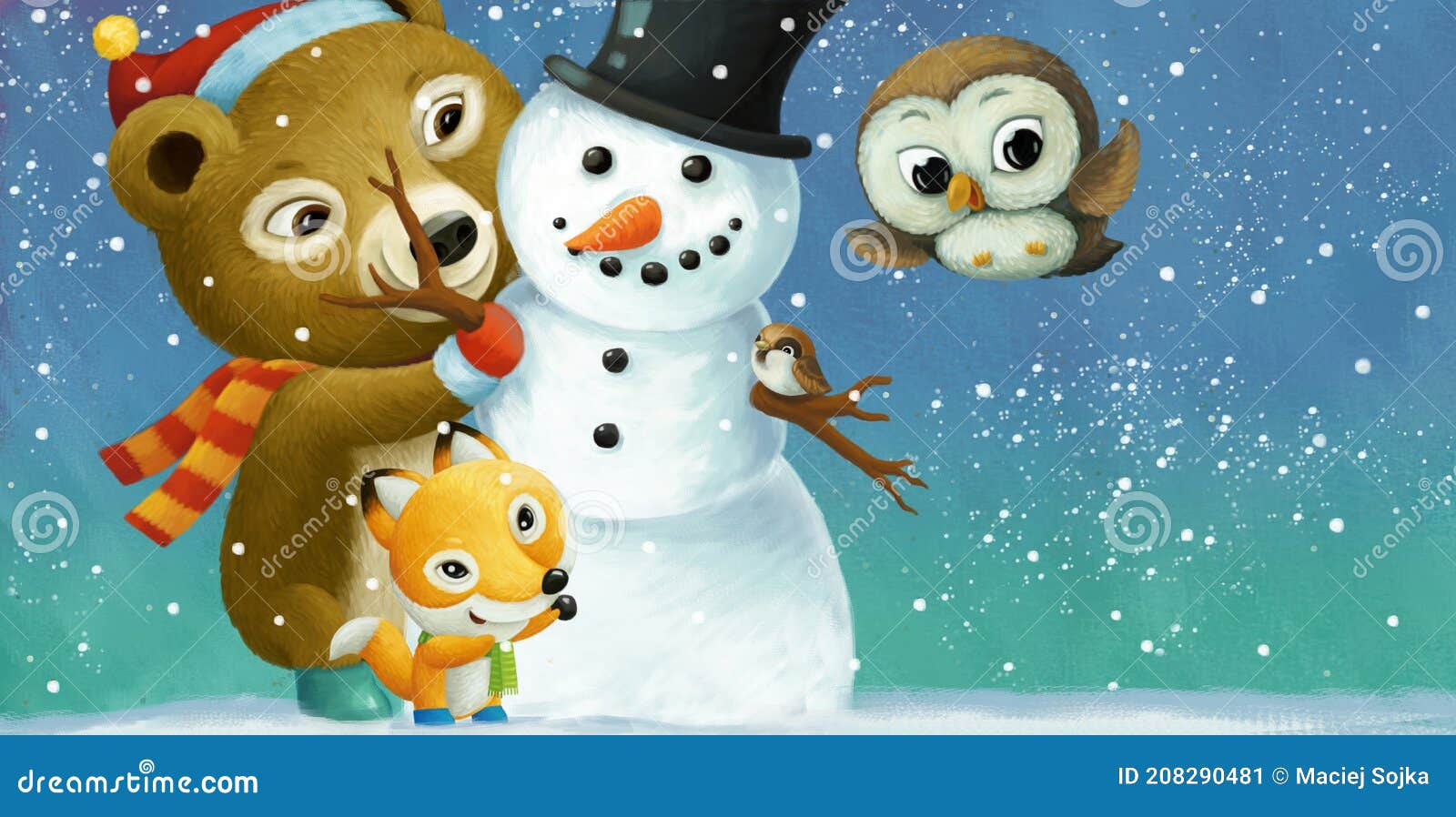 Dibujos Animados Escena De Navidad Con Animales Felices Y Muñeco De Nieve  Stock de ilustración - Ilustración de feliz, santo: 208290481