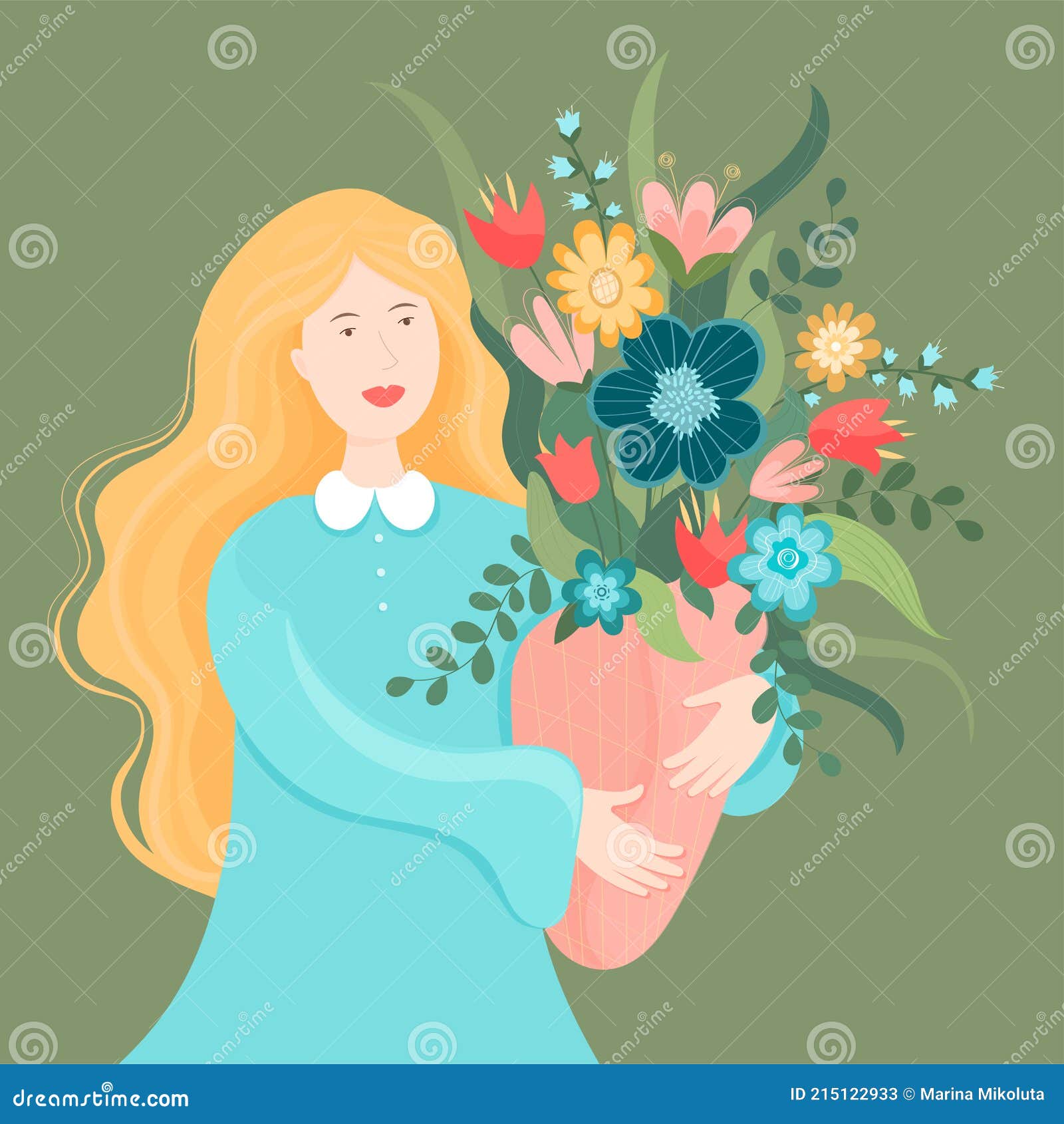 Dibujos Animados Ilustración Primavera Venir. Mujer Sosteniendo Un Gran  Ramo De Flores De Primavera. Diseño Plano. Stock de ilustración -  Ilustración de historieta, marzo: 215122933