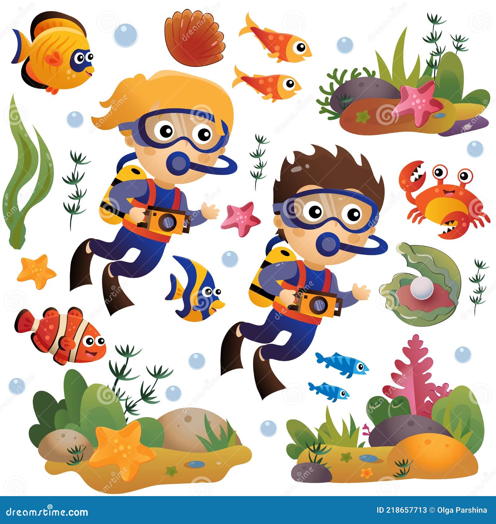 Dibujos Animados Niño Y Niña Buzos Buceo. Fotografía Marina O Tiro. Mundo  Submarino. Arrecife De Coral Con Peces Conchas De Perlas Ilustración del  Vector - Ilustración de aleta, cubo: 218657713