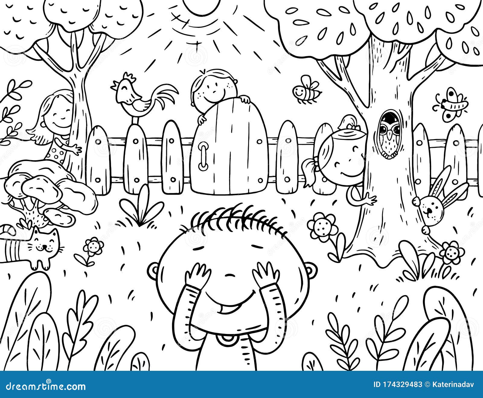 Dibujos Animados Niños Jugando Escondite En El Jardín Para Colorear Página  Ilustración del Vector - Ilustración de cabrito, parque: 174329483