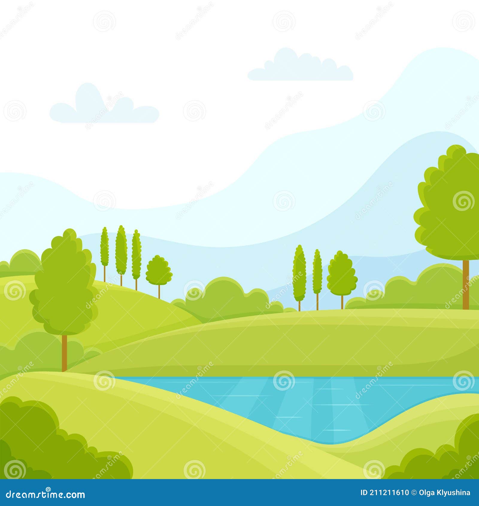 Dibujos Animados Plano Panorama De La Primavera Verano Hermosa Naturaleza  Verde Praderas Prado Bosque Paisaje Azul Lago Montañas Ilustración del  Vector - Ilustración de colina, exterior: 211211610