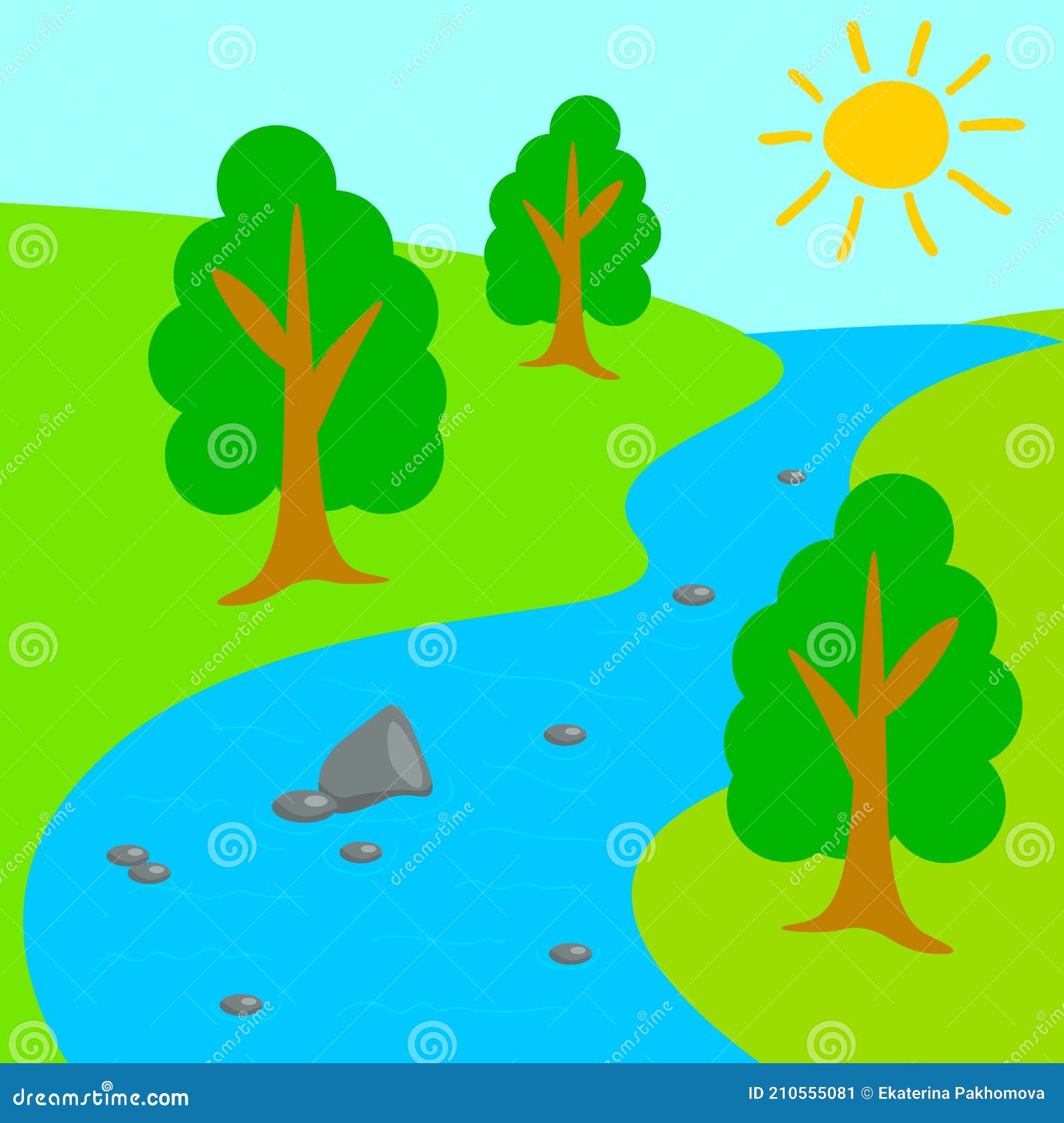 Dibujos Animados Río Valle En Estilo Plano. Día Soleado En El Parque.  Ilustración del Vector - Ilustración de naturalizado, asoleado: 210555081