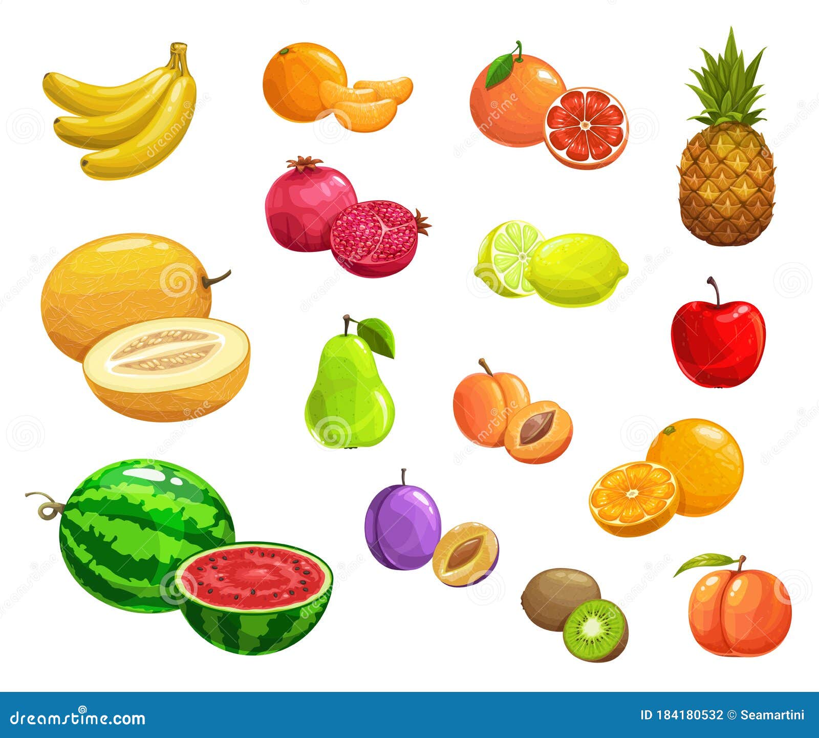 Comportamiento grado eficiencia Dibujos Animados Vectores De Fruta Naturales Maduros Iconos De Alimentos  Frescos Ilustración del Vector - Ilustración de aislado, granja: 184180532