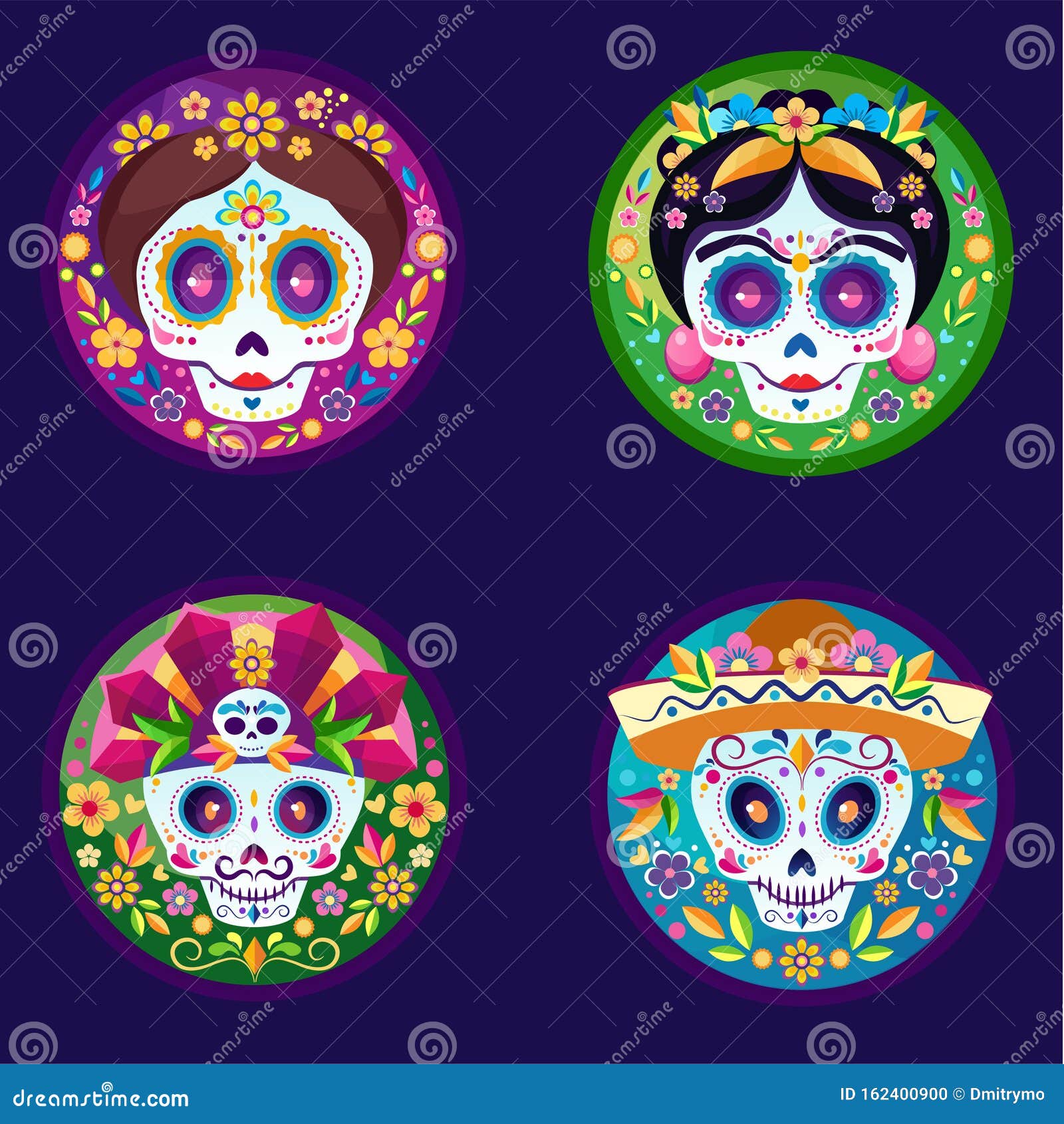 conjunto de ilustraciones vectoriales de calaveras decoradas