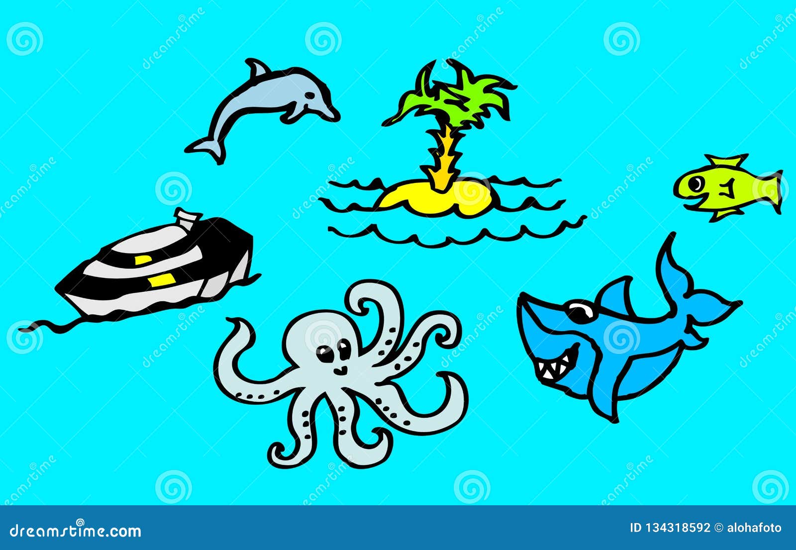 Dibujos Sobre La Playa Y El Mar Con Un Tiburón Y Un Delfín Para Los Niños  También Disponibles Como Dibujo Del Vector Ilustración del Vector -  Ilustración de memoria, clase: 134318592