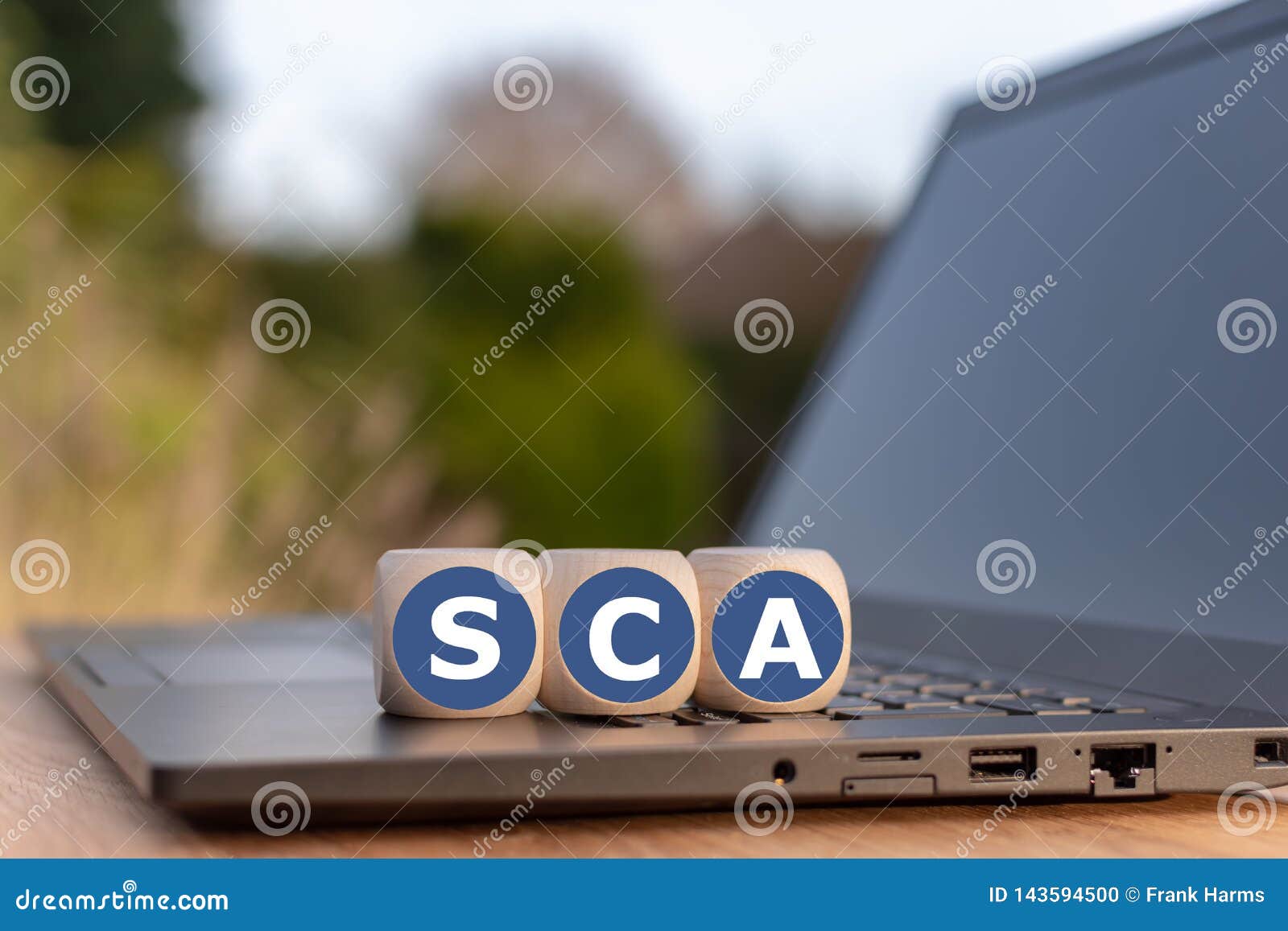 Dice Placed on a Notebook for with the Abbreviation `SCA` Stock Photo