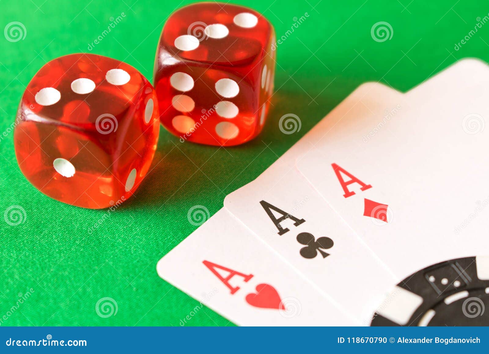 Dice and Playing Cards on the Green Table. Winning Concept Stock Photo