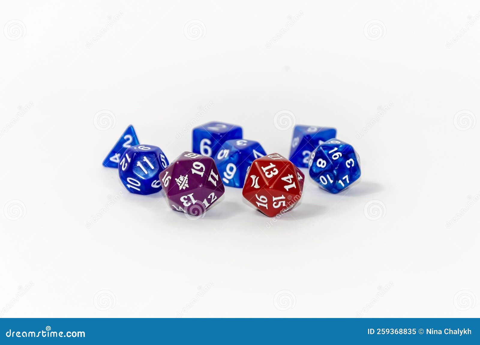 dice for playing dnd, rpg, fantasy games. twenty-sided cube and polyhedral cubes on white background