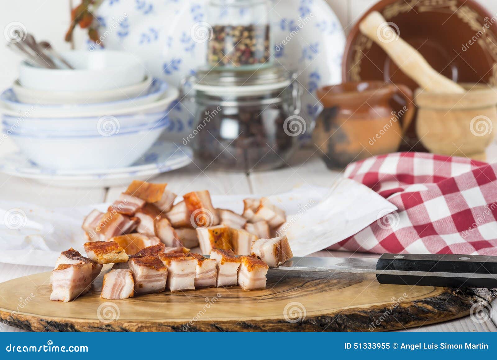 Diced Bacon on the Kitchen Table Stock Image Image of kitchen, wood