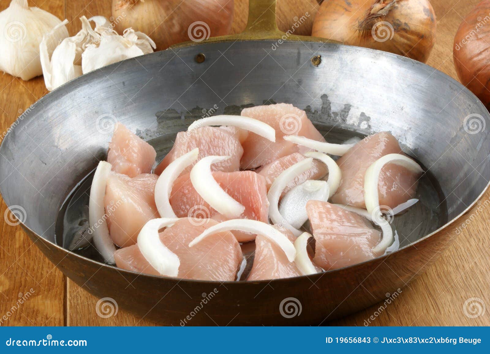 Diced Chicken Breast in an Brass Pan Stock Image Image of chicken, brass 19656843