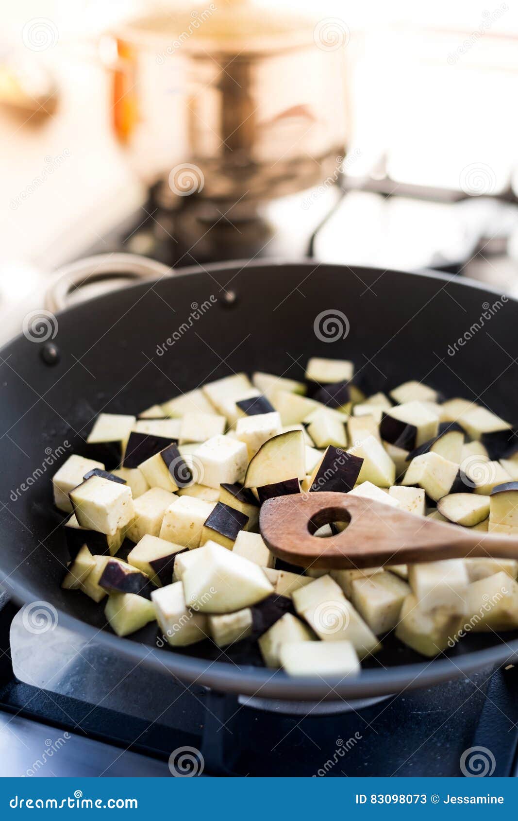 Diced eggplant in pan stock image. Image of fresh, vegetable 83098073