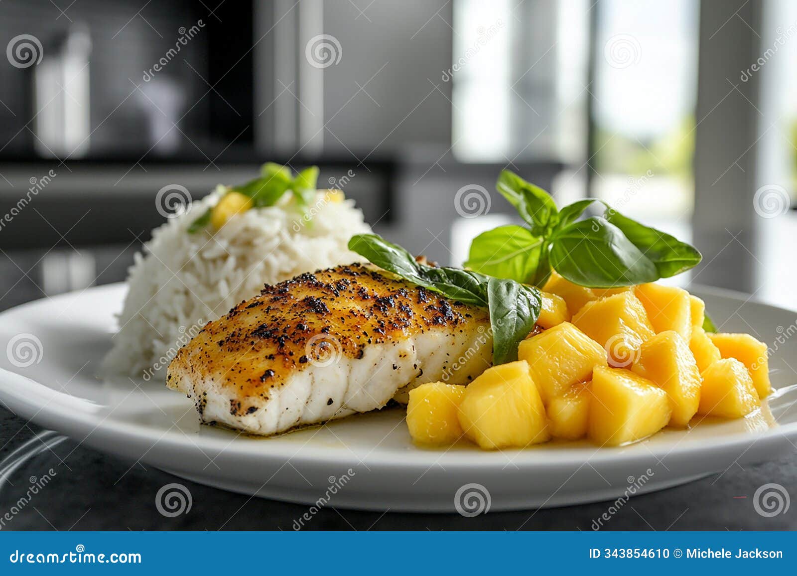 diced mango and coconut-crusted fish jasmine rice