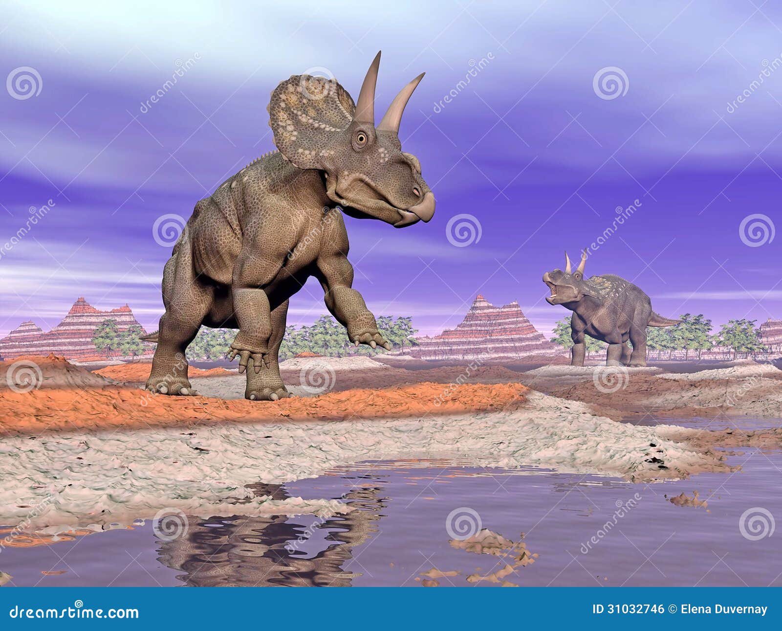 Diceratops Dinosaurs  In Nature  3D Render Stock 