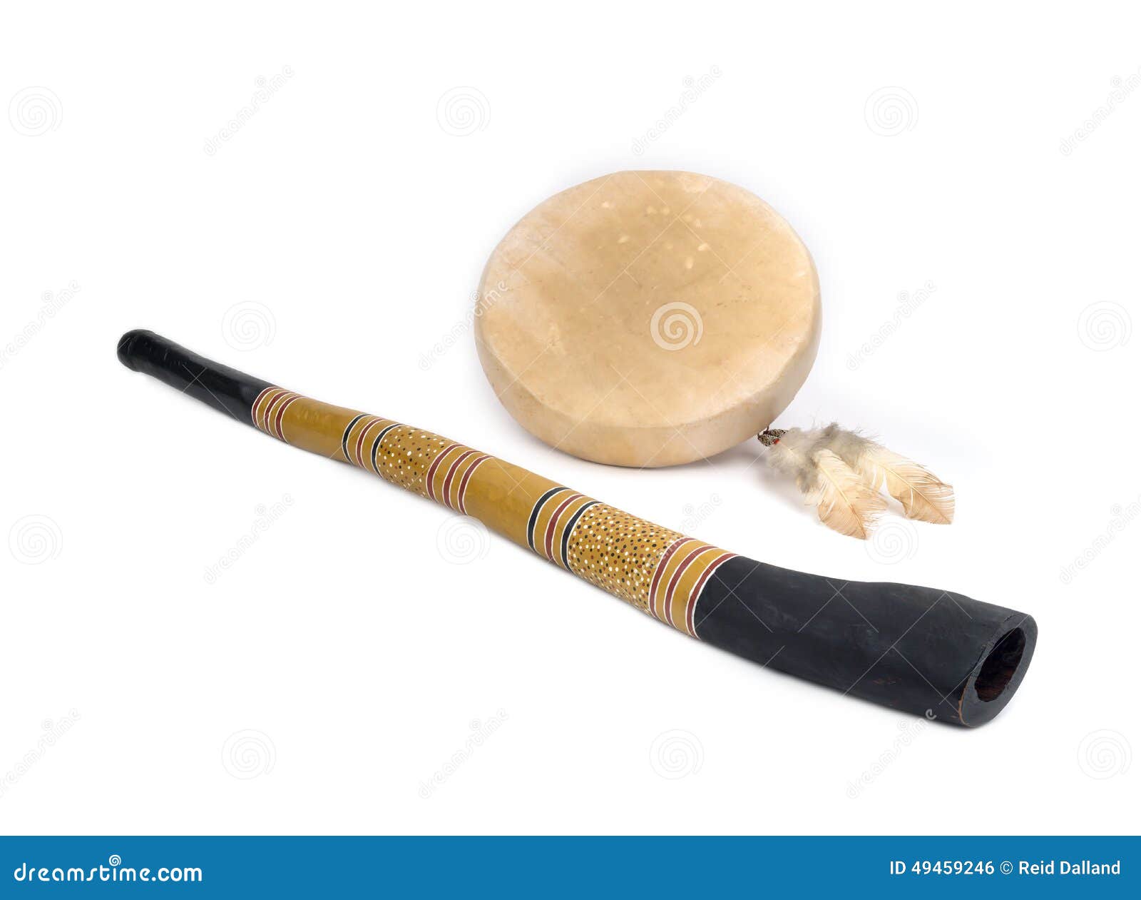 Didgeridoo and Native American Drum with Feathers Stock Photo Image