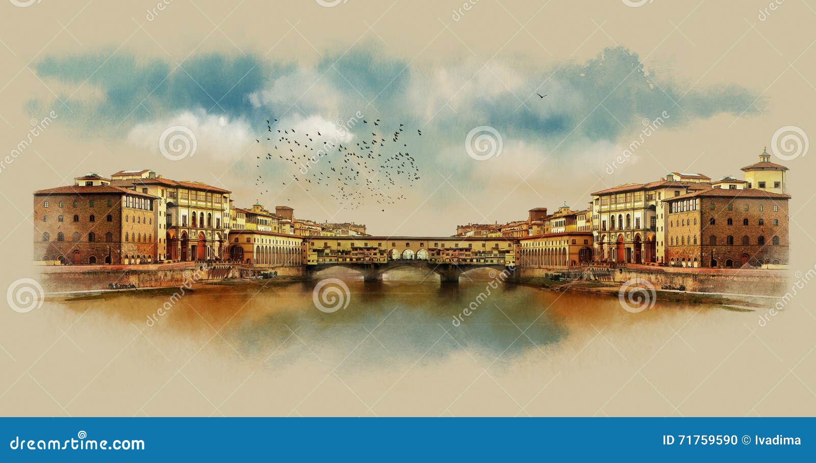 Die Brücke Ponte Vecchio in Florenz Italien Aquarell-Skizze Stockfoto - Bild  von arno, orange: 71759590