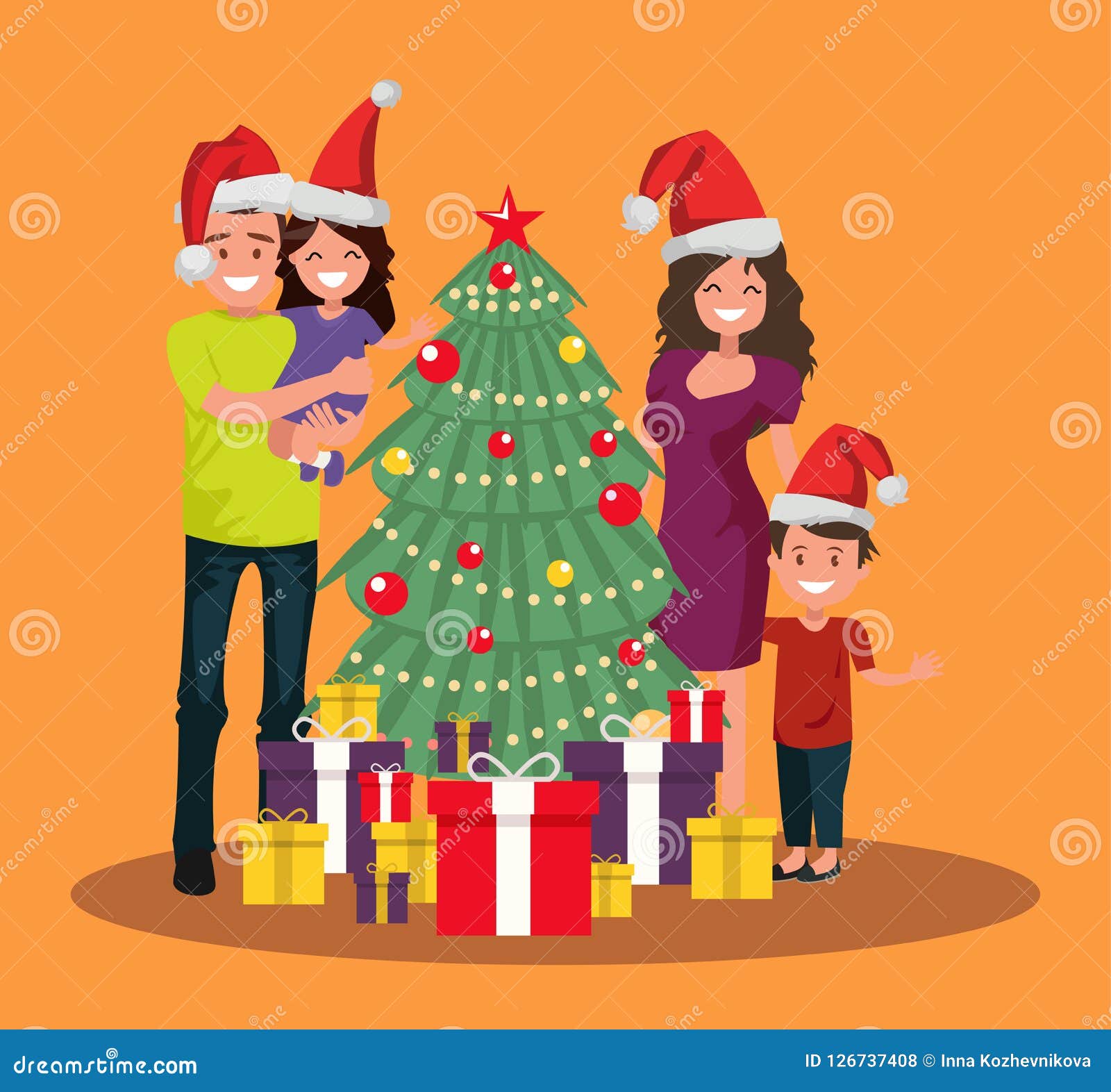 die familie steht nahe dem weihnachtsbaum mit geschenken