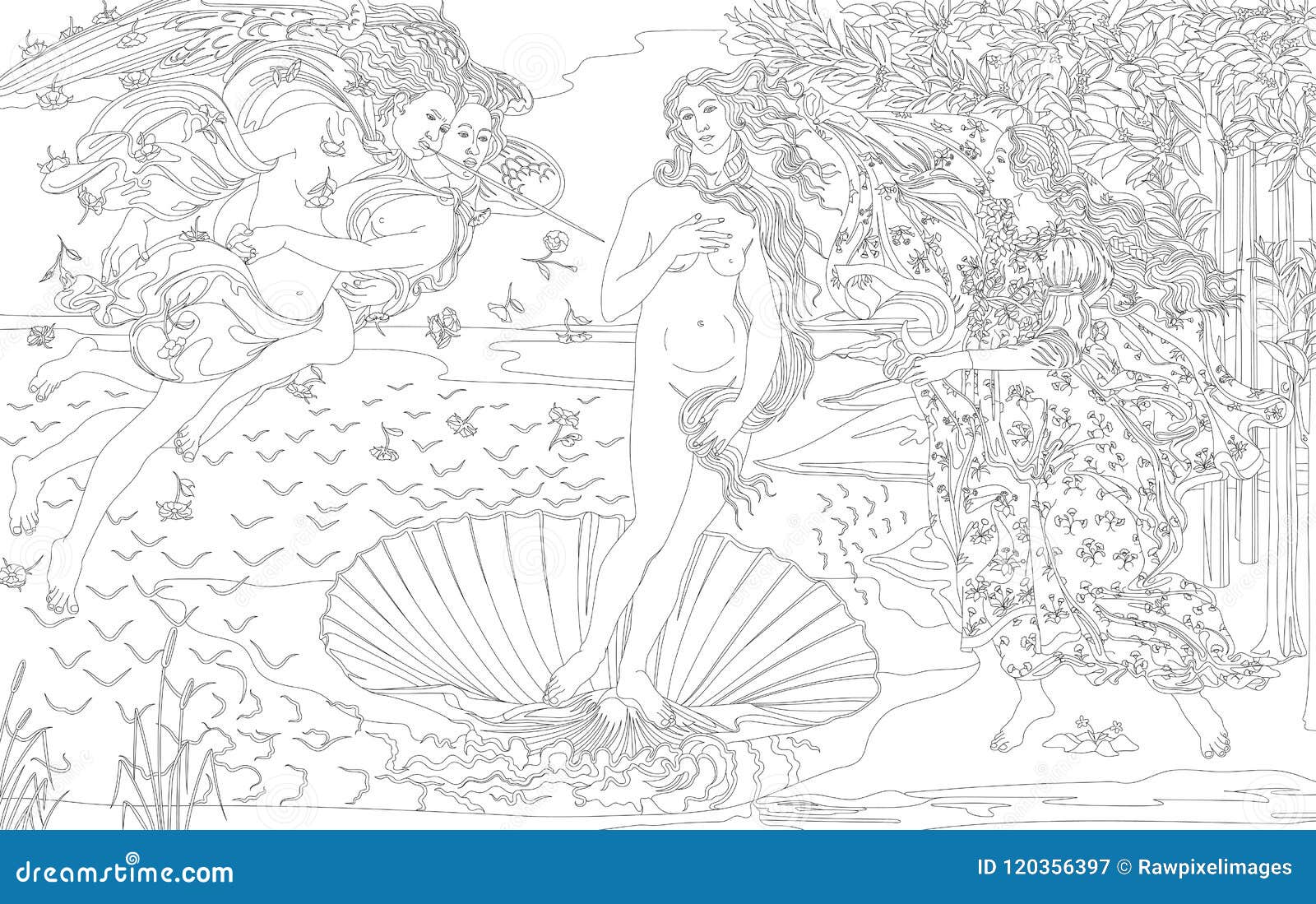 Die Geburt Von Venus 1483 1485 Durch Erwachsene Farbtonseite Sandro Botticellis Vektor Abbildung Illustration Von Zeichnung Liebhaberei 120356397