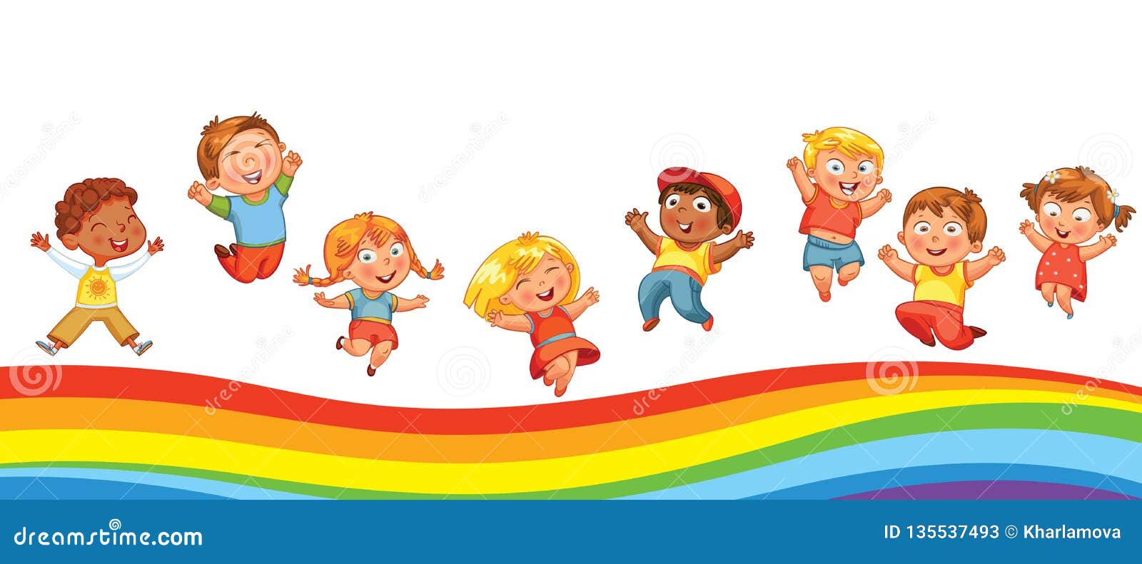 Die Kinder Die Auf Einen Regenbogen Springen Mogen Auf Einer Trampoline Vektor Abbildung Illustration Von Kindheit Gruppe 135537493