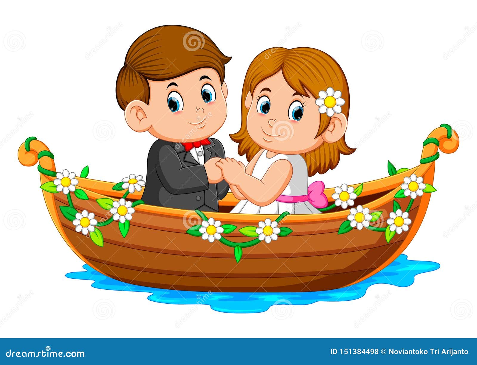 Die Paare werfen auf dem schönen Boot mit den Blumen um es auf. Illustration der Paare werfen auf dem schönen Boot mit den Blumen um sie auf