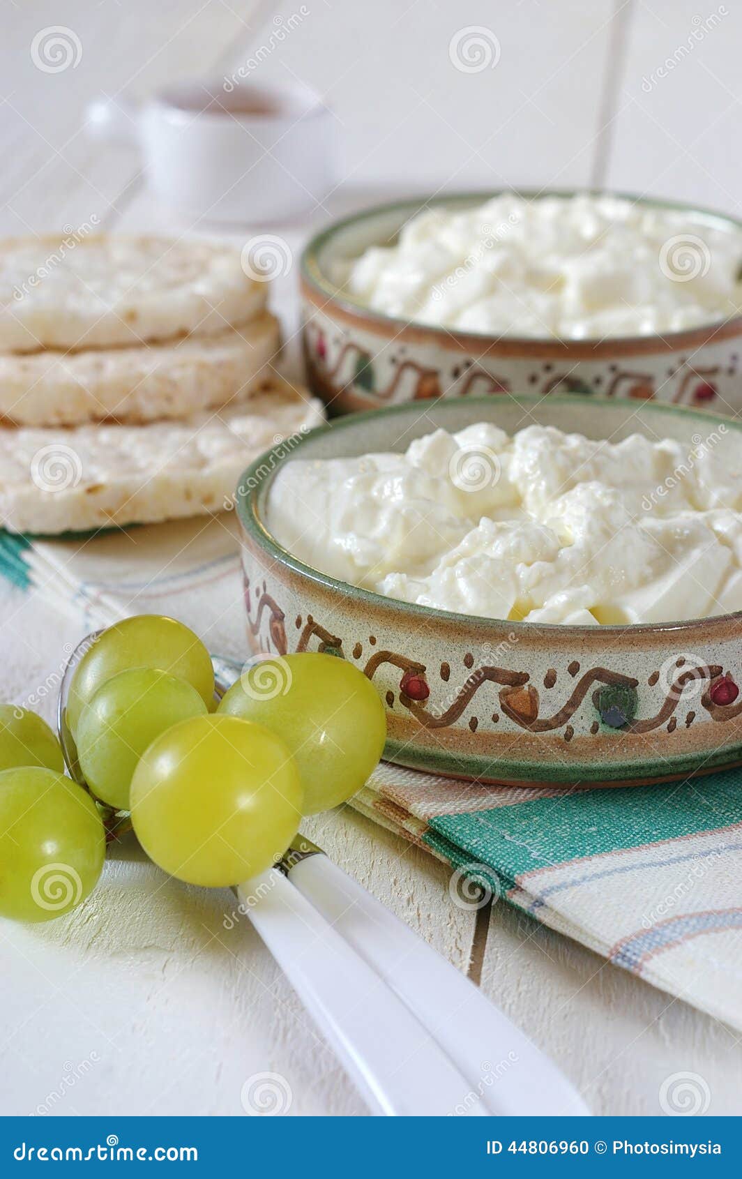Diet Breakfast Cottage Cheese, Crispbread and Grapes Stock Photo
