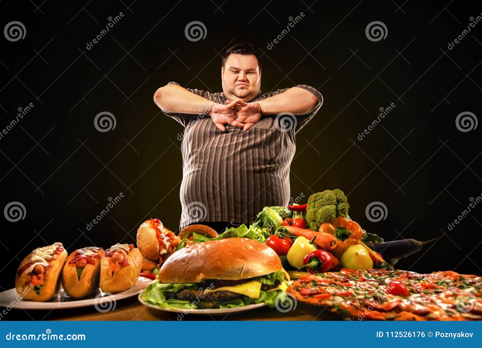 diet fat man makes choice between healthy and unhealthy food.