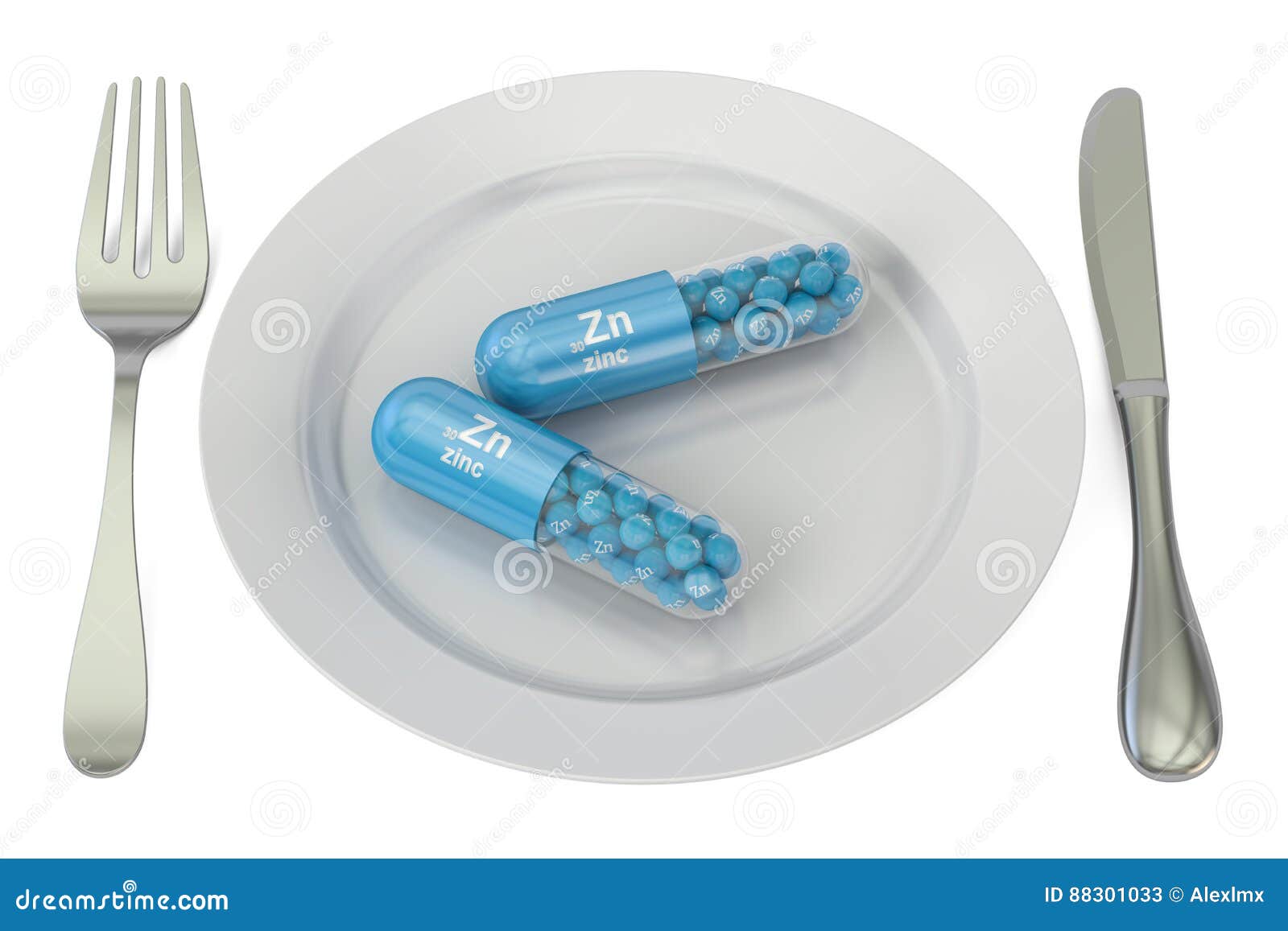 diet and healthy meal concept. plate with zinc zn capsules, 3d r