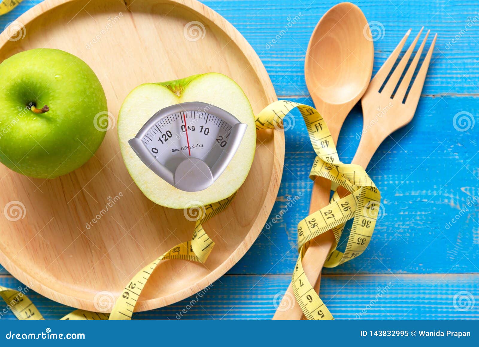 Diet Slimming Green Apple With Weight Scale And Measuring