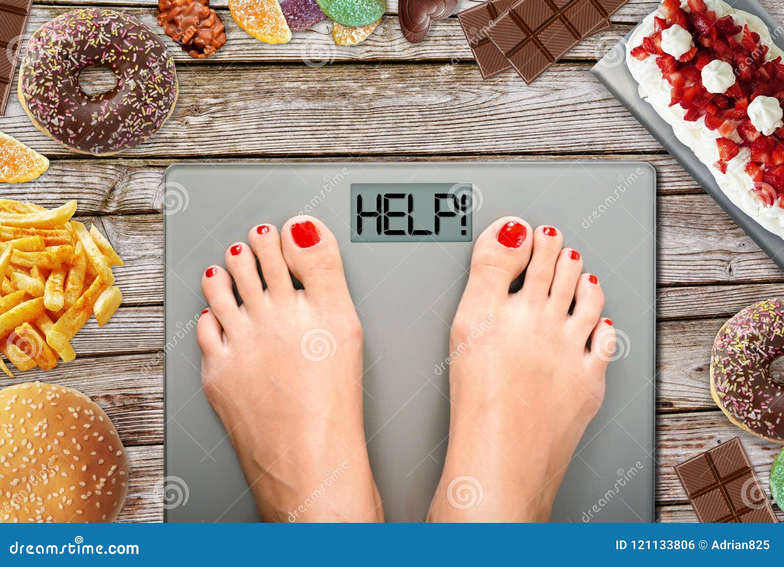 Diet Temptation or Hard To Lose Weight Concept with Woman Weighing on  Bathroom Scale with Many Sweets and Fast Food Around Stock Photo - Image of  sweets, lifestyle: 121133806