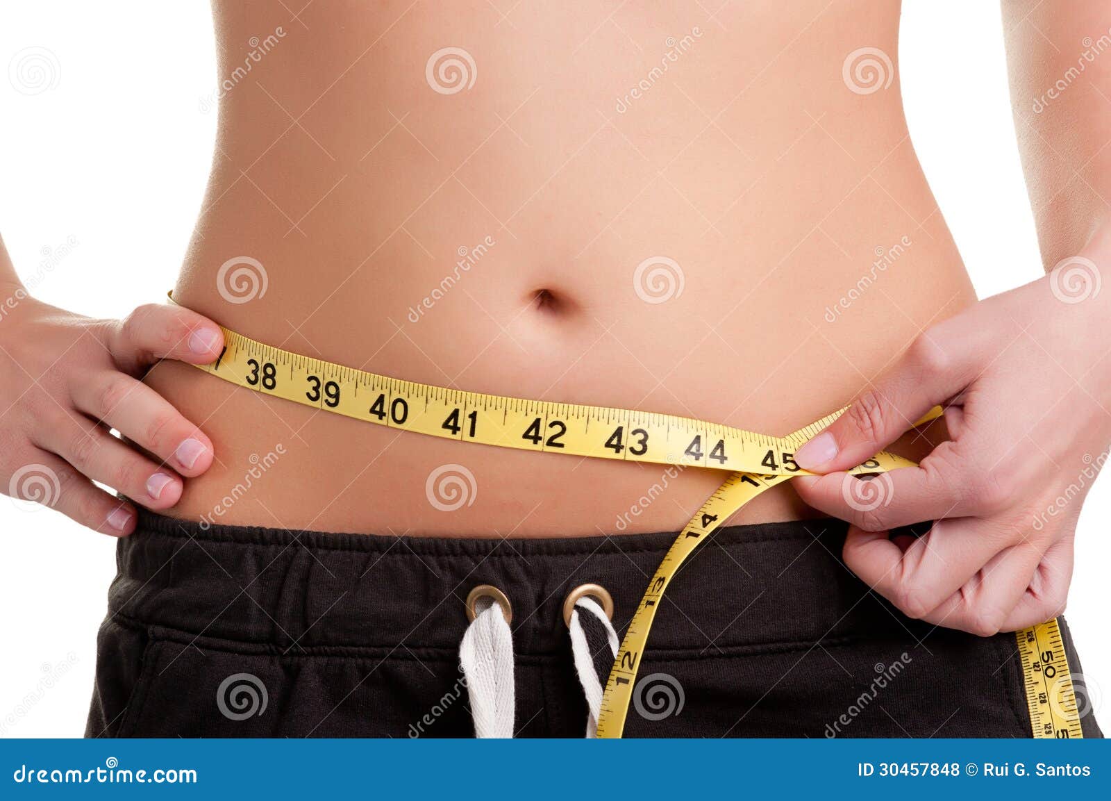 Woman Measuring Her Waist With A Yellow Measuring Tape, Isolated