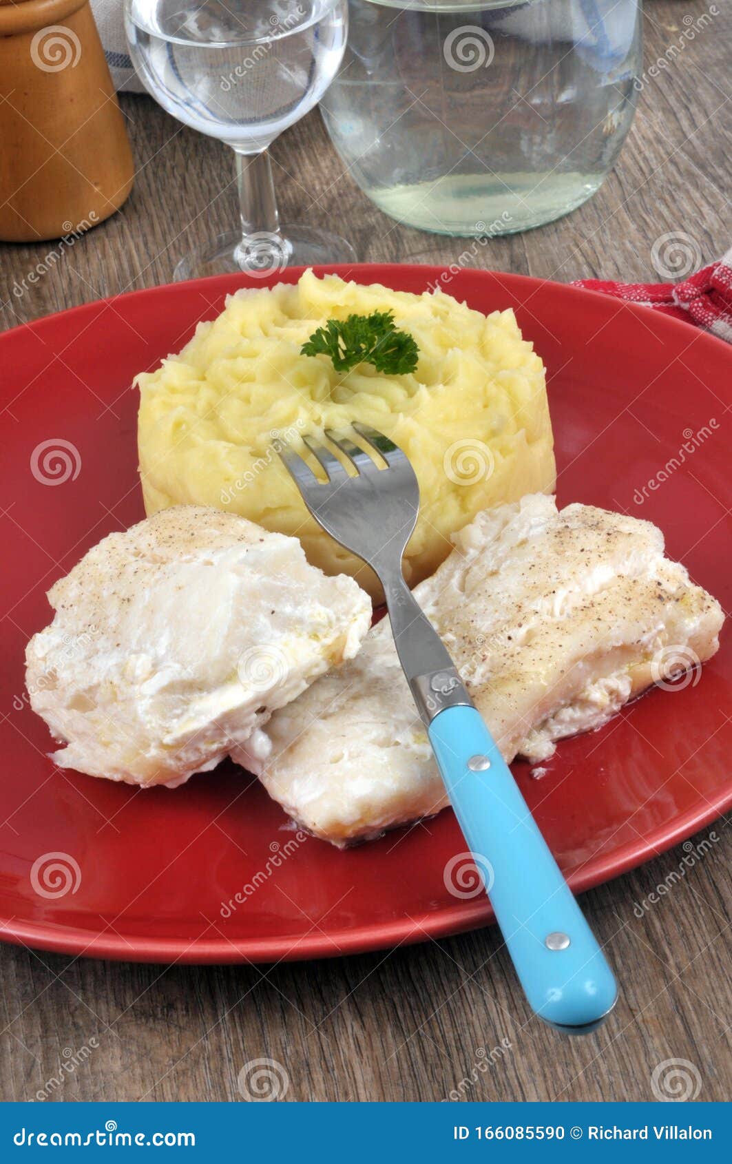 Cod and Mashed Potatoes Served in a Plate Closeup Stock Photo Image