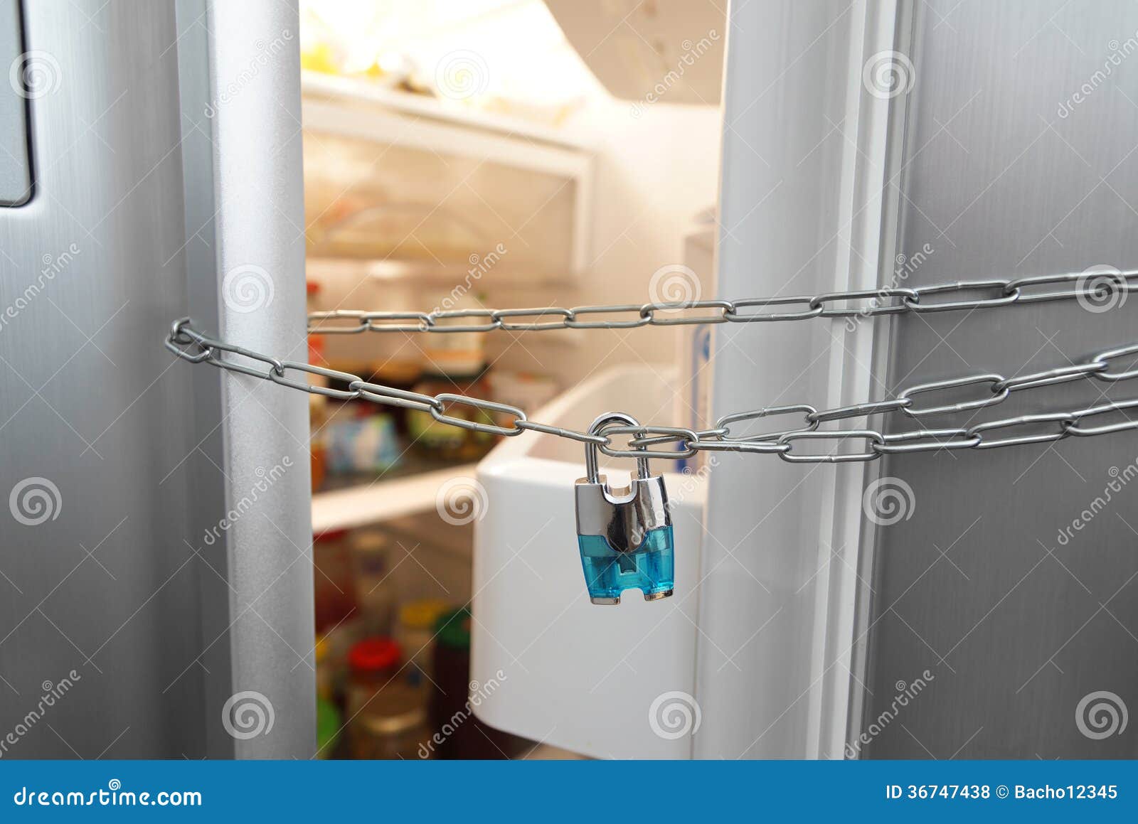 Dieting Concept. Refrigerator, Chain and Lock Stock Photo Image of