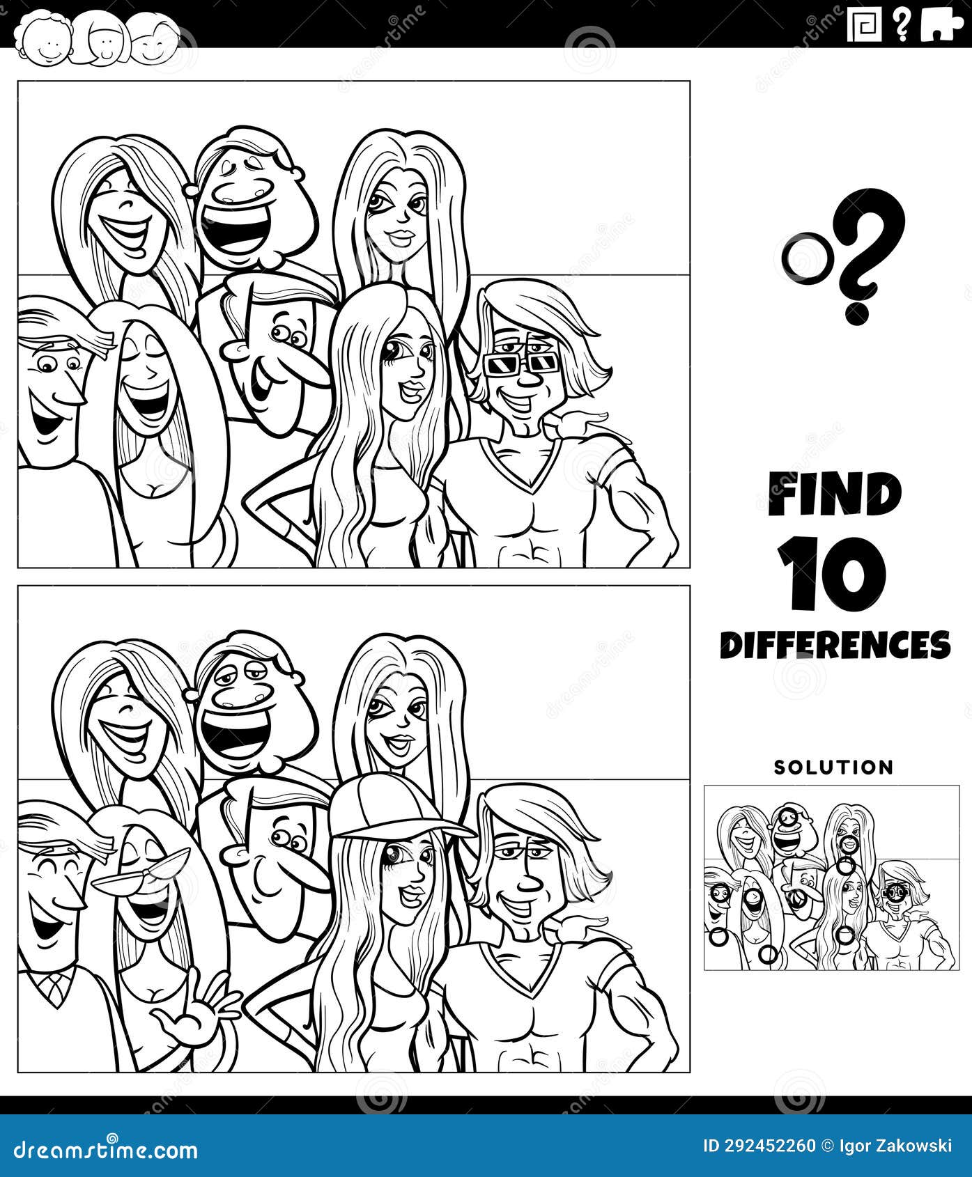 Differences Game with Cartoon Young People Coloring Page Stock ...
