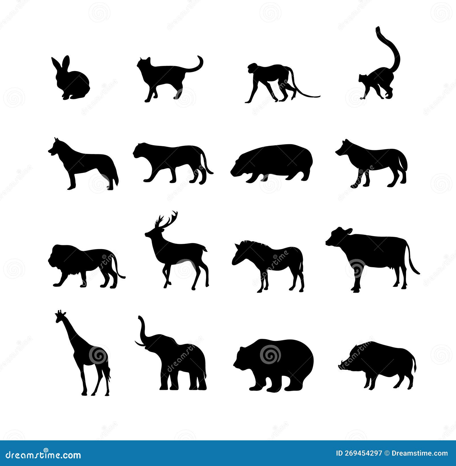 Different Animals Silhouettes Isolated. Outlined Black Animals without