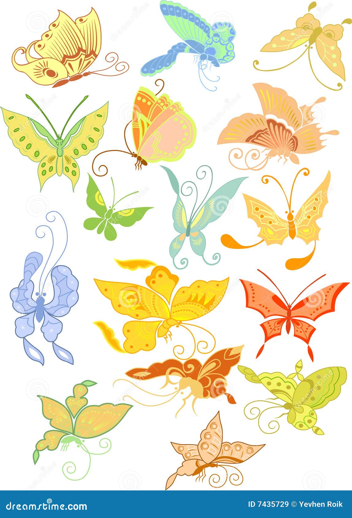 Different Butterflies in the Asian Style Stock Illustration
