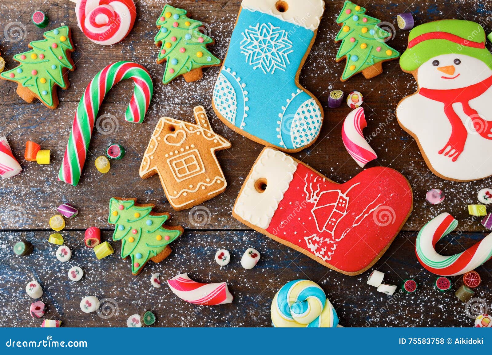 Different Christmas Gingerbread Cookies and Mixed Candy Stock Photo ...