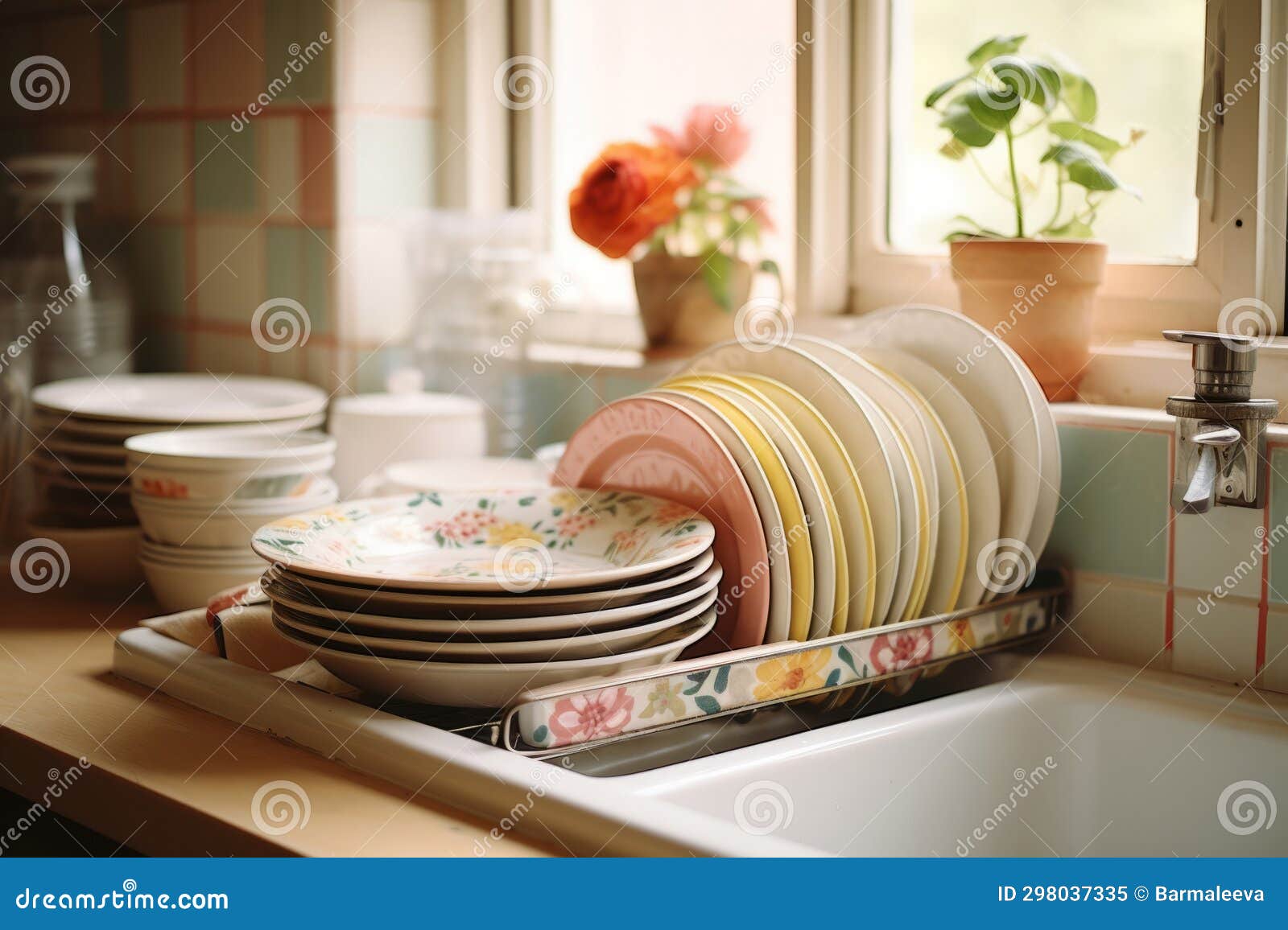 Different Clean Plates on Kitchen Counter. Stacks of Clean Plates on