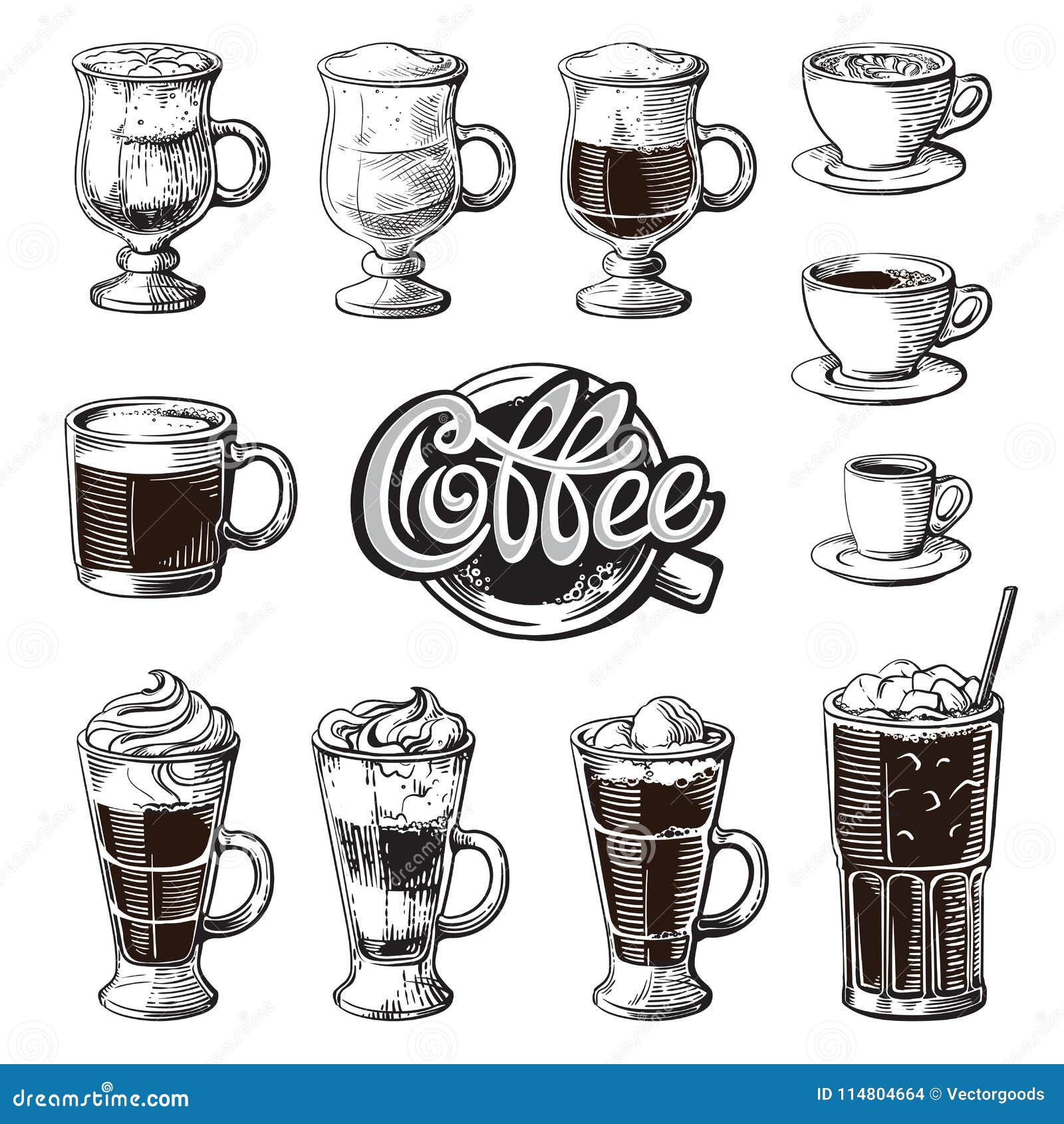 different coffee drinks . espresso macchiato chocolate ristretto mocha irish cocoa frappe glace americano latte