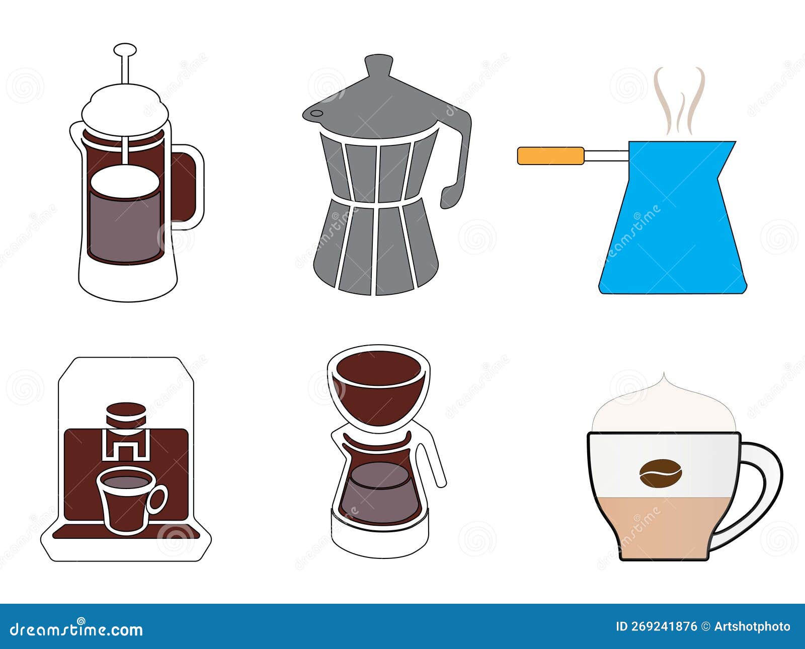 Different Coffee Makers Together with a Cup of Coffee and a Turkish