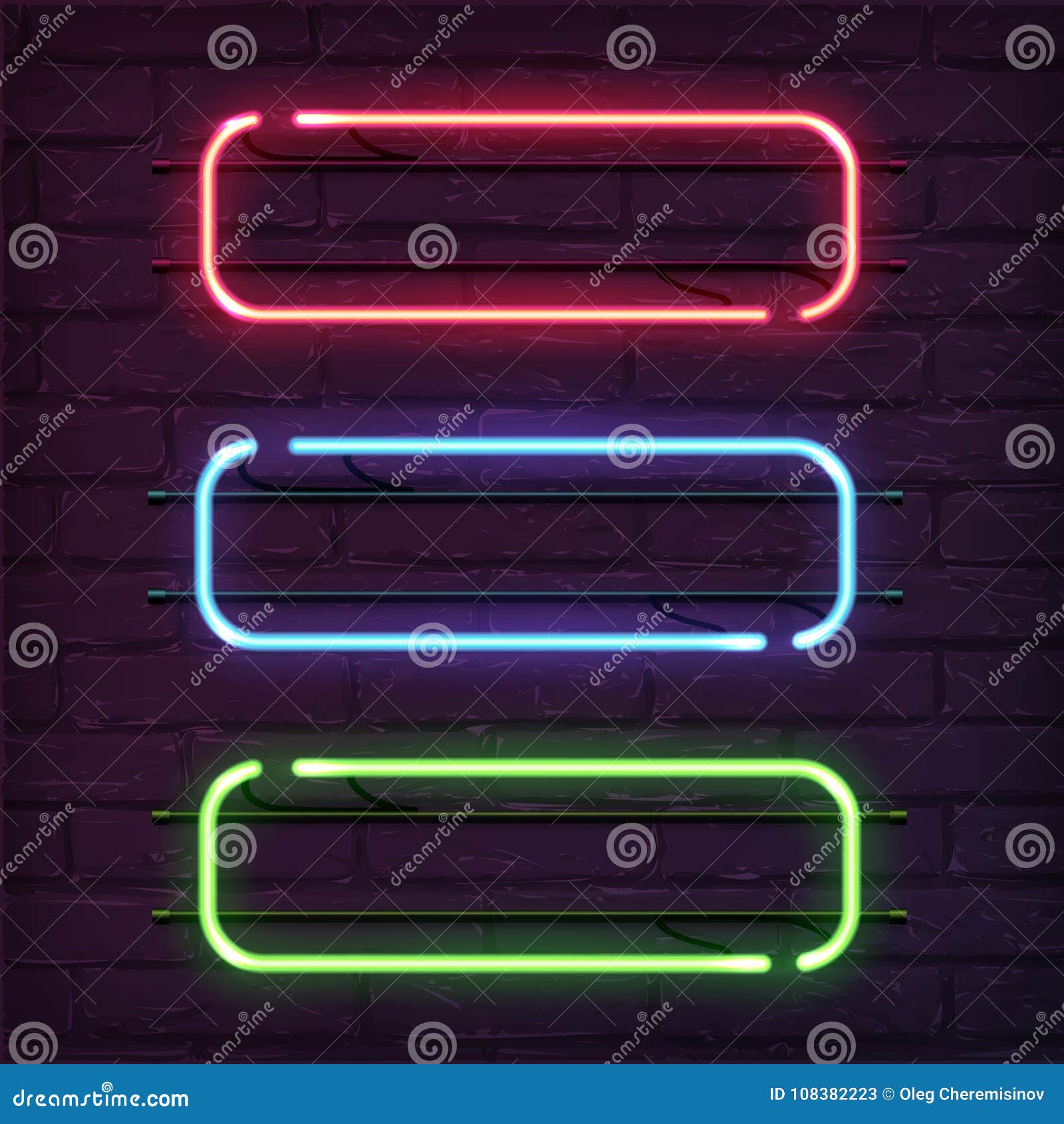 different color neon frames.  realistic neon rectangles on brick wall.