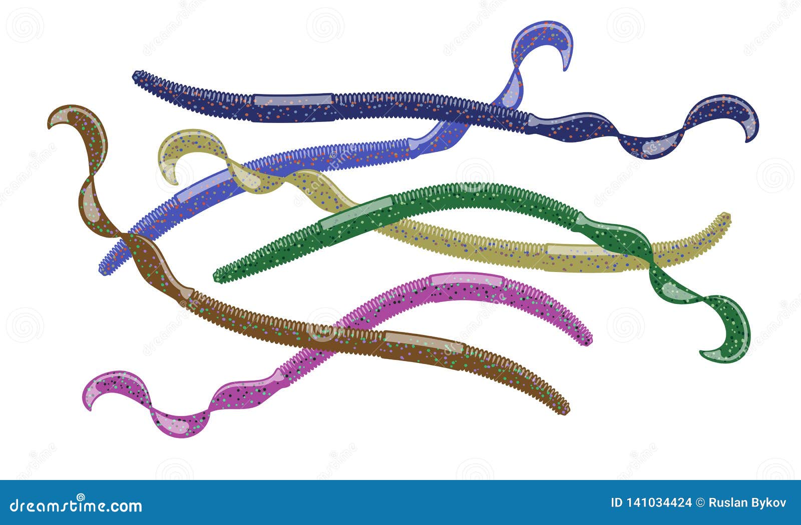 Different Color Varieties of Soft Plastic Worm Baits. Stock Vector