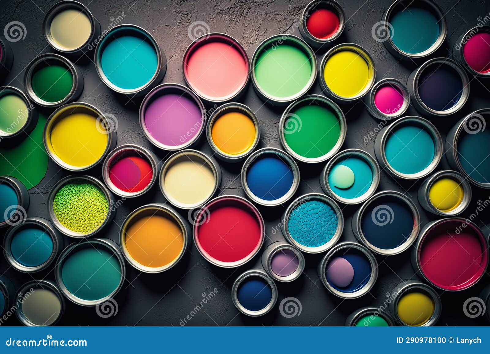 Different Colors Cans of Paint, Overhead. Generative AI Stock Illustration Illustration of