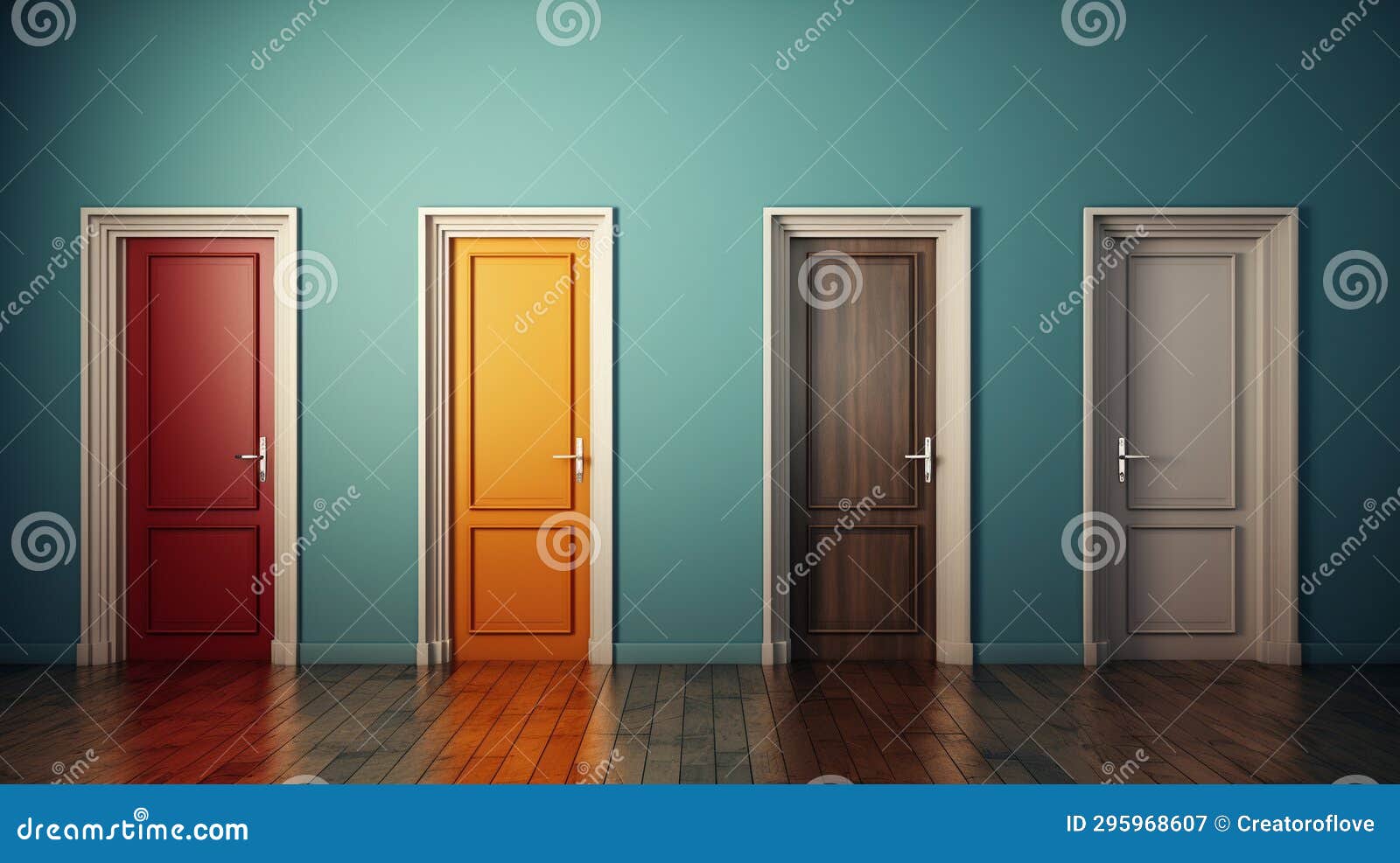 Different Colors of Doors on Sky Blue Wall Stock Illustration