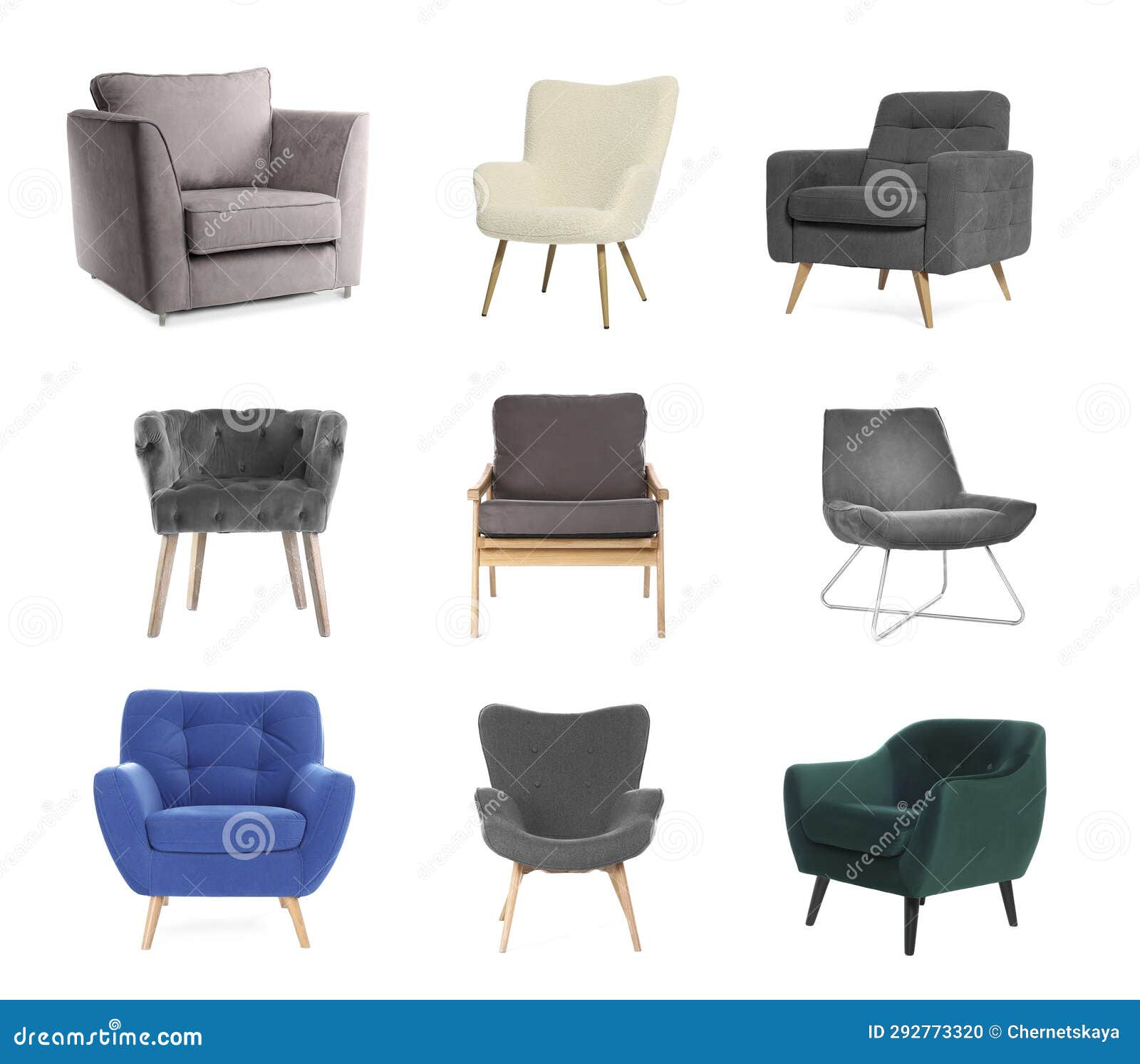 Different Comfortable Armchairs Isolated on White, Set Stock Photo