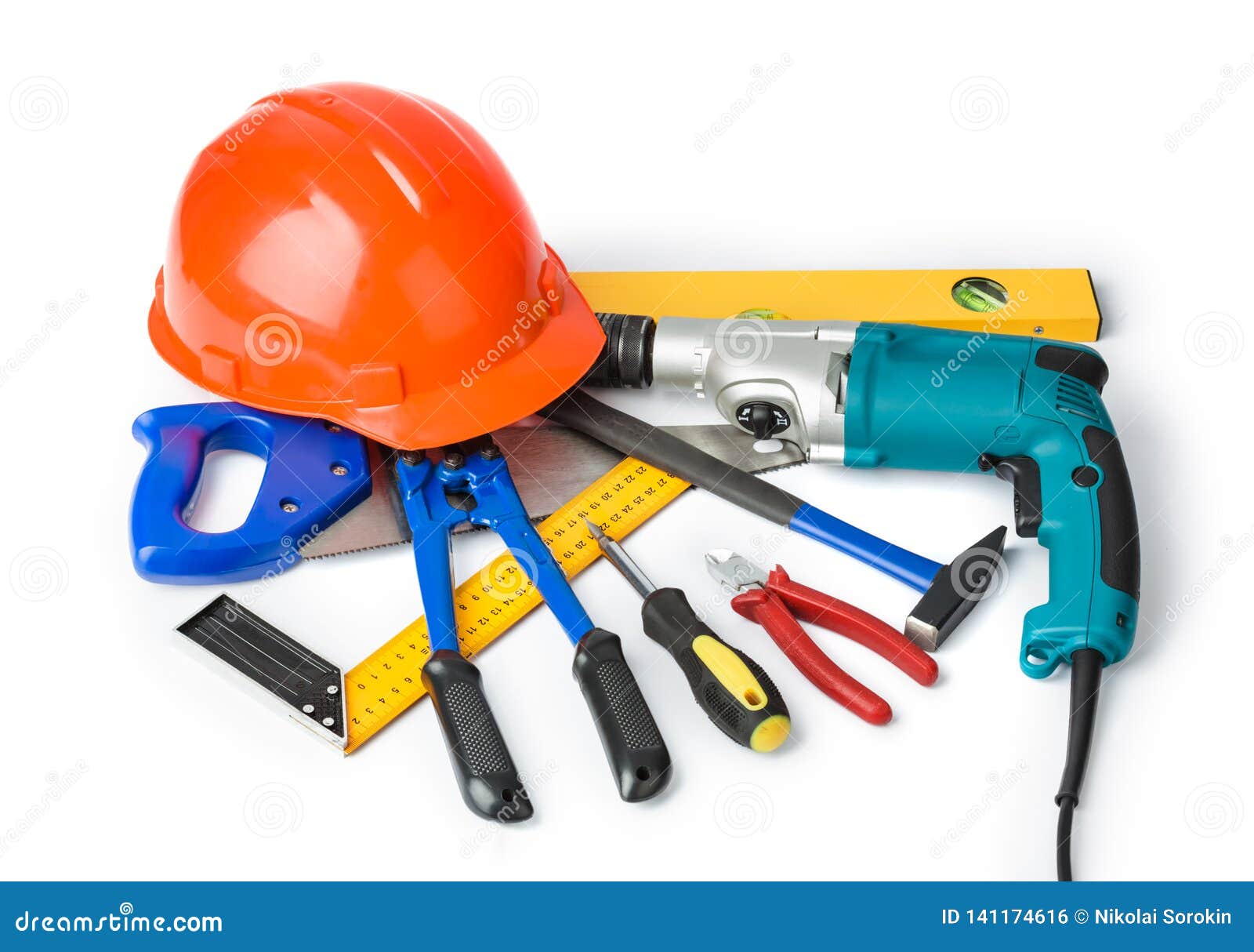 Different Construction Tools Stock Photo Image of ruler, helmet