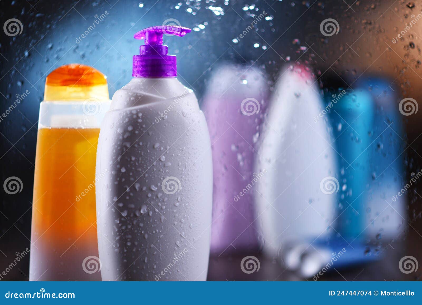 Different Containers of Body Care Products in the Bathroom Stock Photo